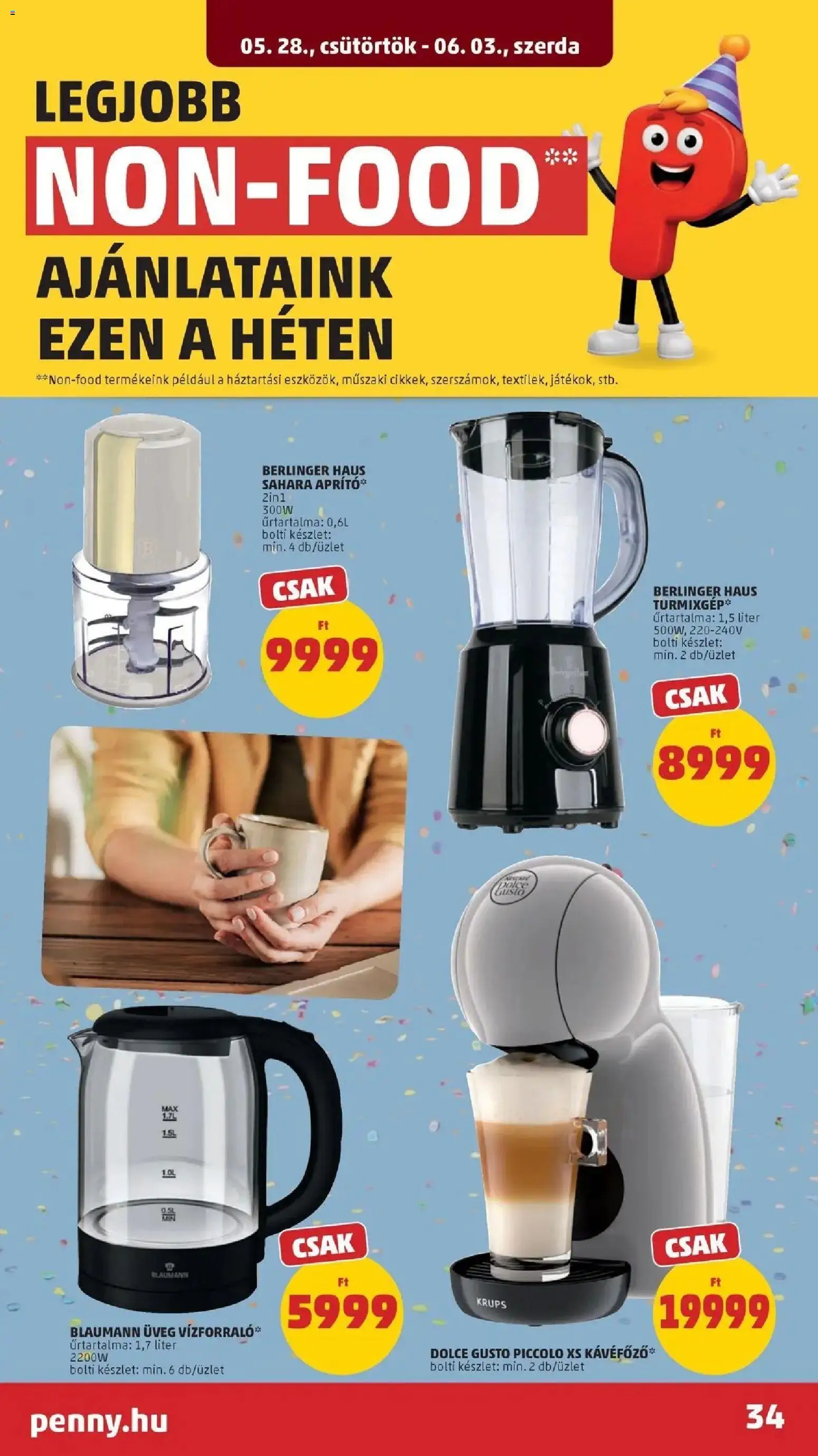 PENNY akciós ujság - amely érvényes a következő dátumtól: 28.05.2026 | Oldal: 34 | Termékek: Dolce Gusto, Aprító, Vízforraló