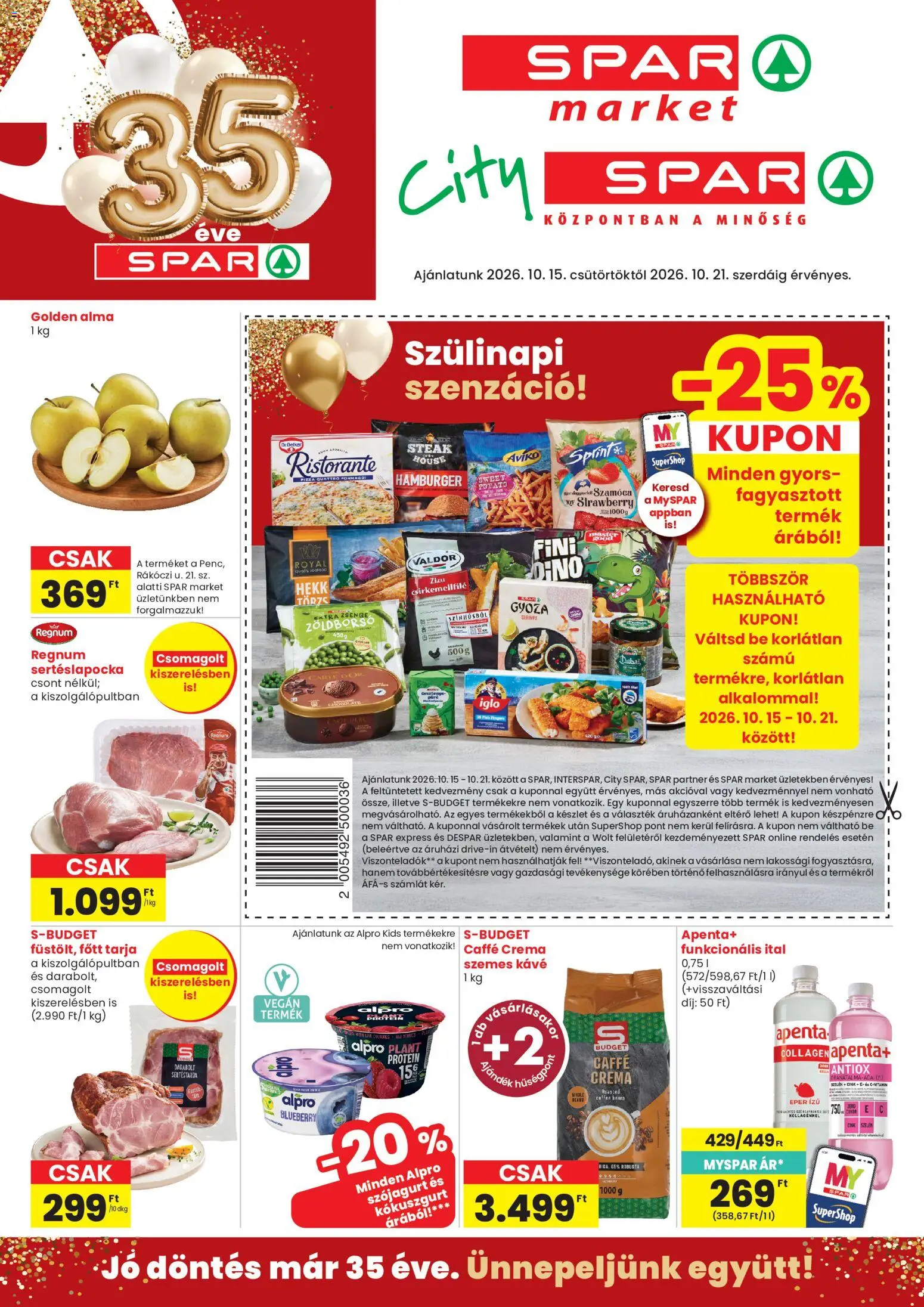 Spar akciós ujság - amely érvényes a következő dátumtól: 2026.10.15. | Oldal: 1 | Termékek: Zöldborsó, Apenta, Dino, Szemes kávé