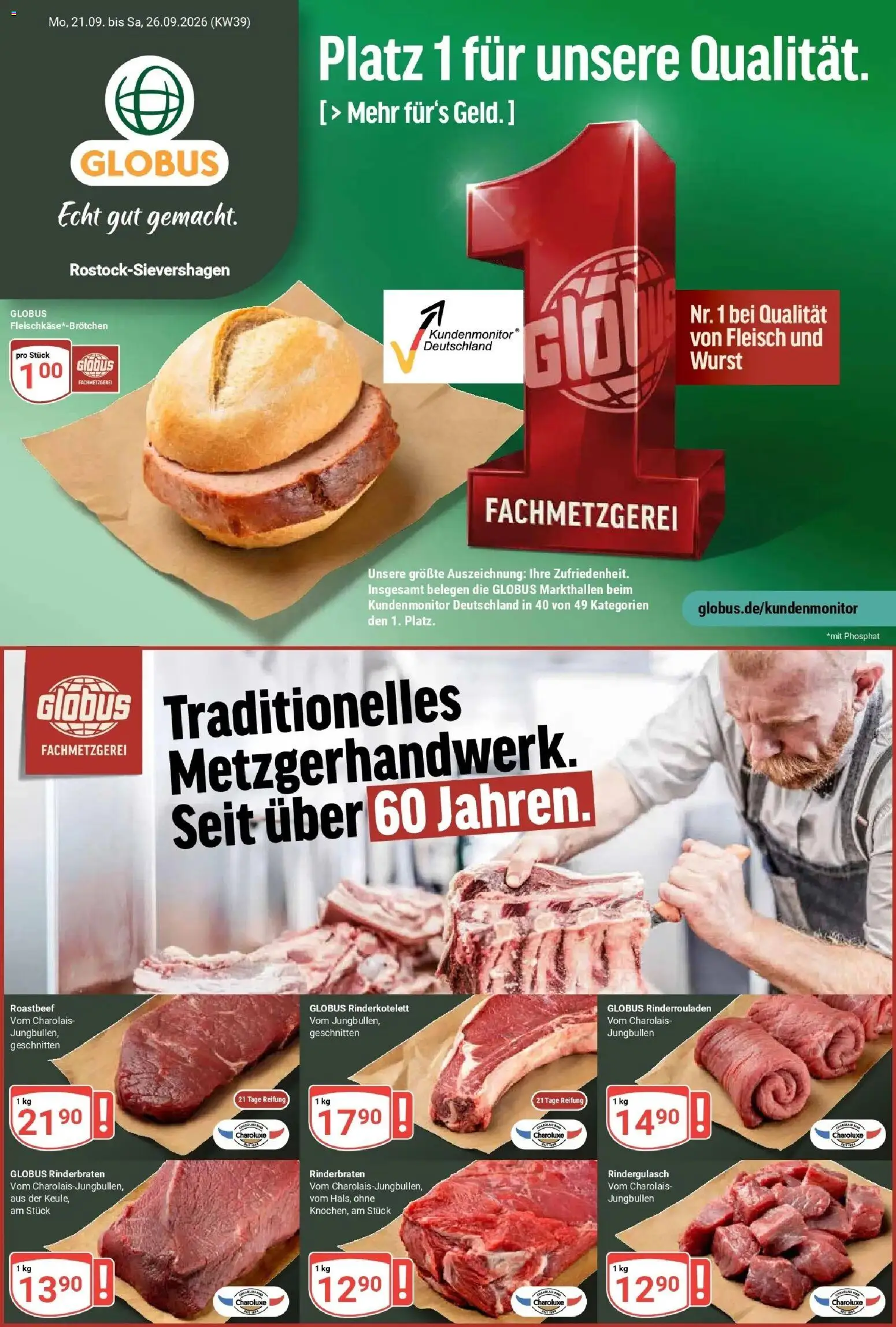Globus Prospekt Lambrechtshagen (ab 21.09.2026) » Angebote online | Seite: 1 | Produkte: Rinderrouladen, Roastbeef, Wurst, Fleisch