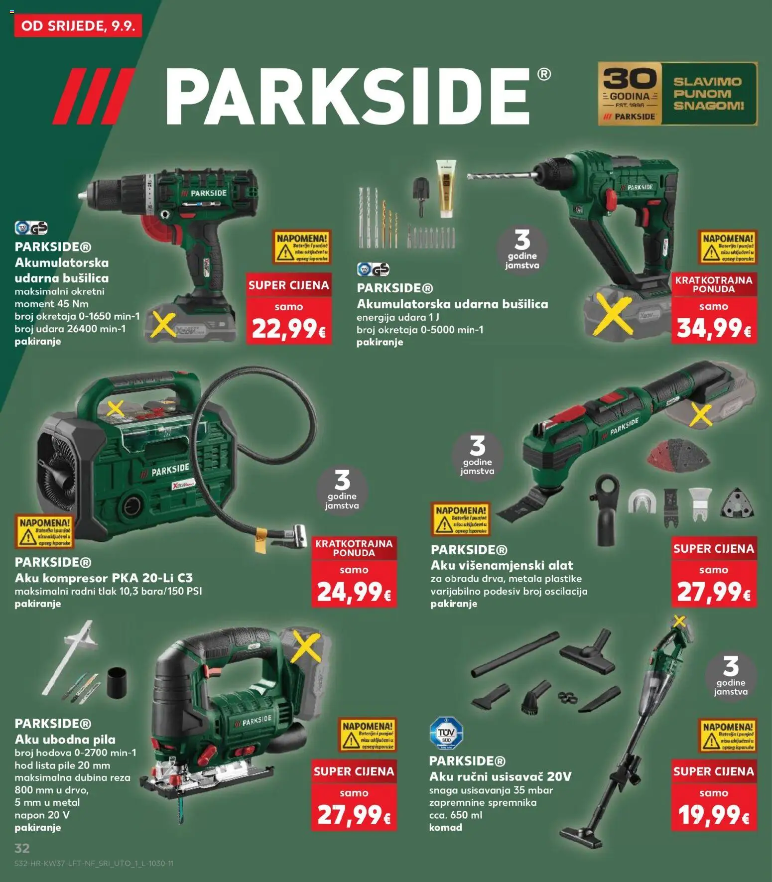Kaufland katalog | vrijedi od 09.09.2026 | Stranica: 32 | Proizvodi: Ubodna pila, Baterija, Kompresor, Parkside