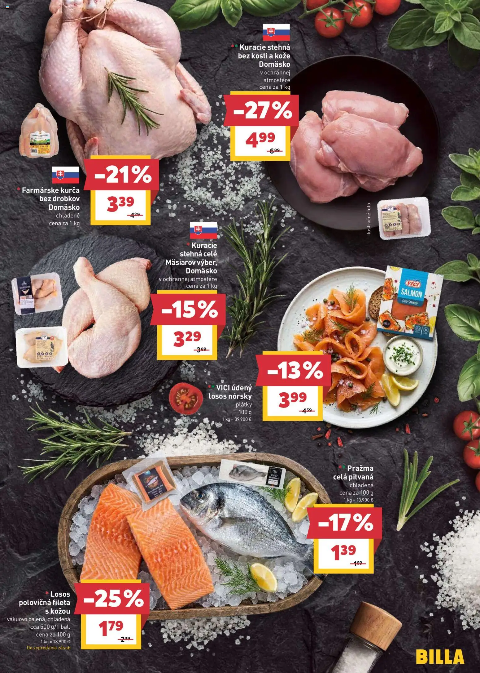Nové Billa akcie – leták je platný od 29.07.2026 | Strana: 5 | Produkty: Kuracie stehná, Losos, Kurča, Stehná