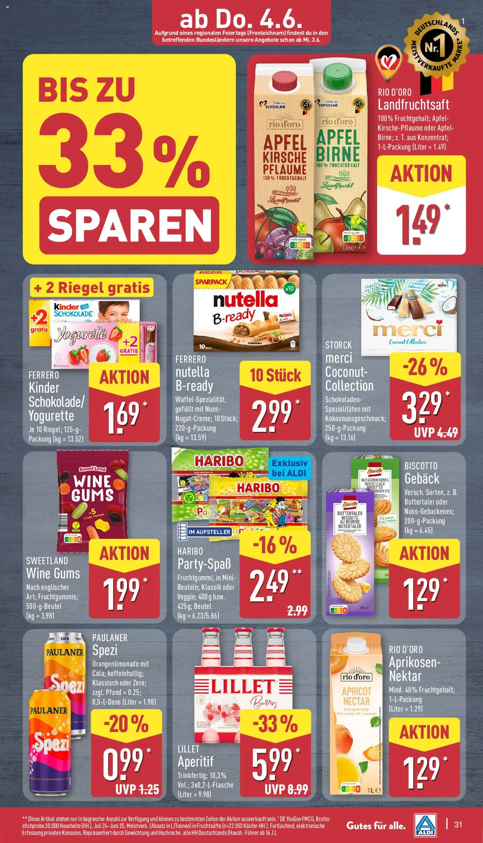 Aldi Prospekt – gültig ab 01.06.2026 | Seite: 31 | Produkte: Merci, Paulaner spezi, Lillet, Paulaner