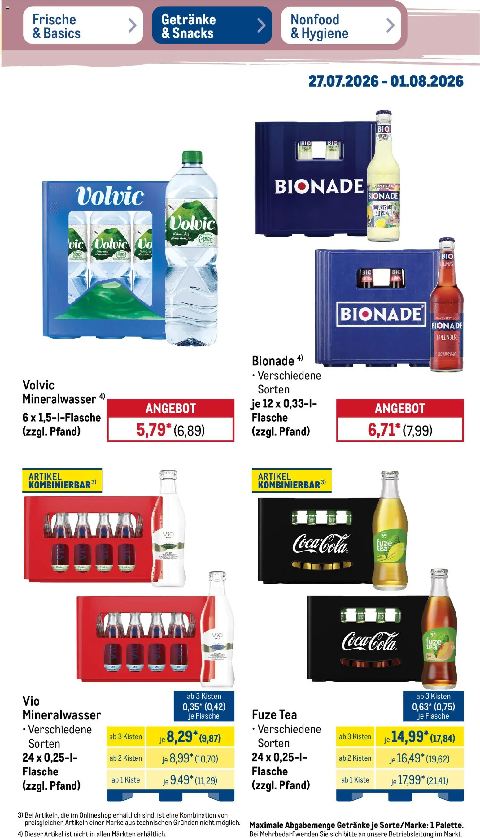 Metro NonFood-Angebote – gültig ab 27.07.2026 | Seite: 19 | Produkte: Fuze tea, Bionade, Mineralwasser, Volvic