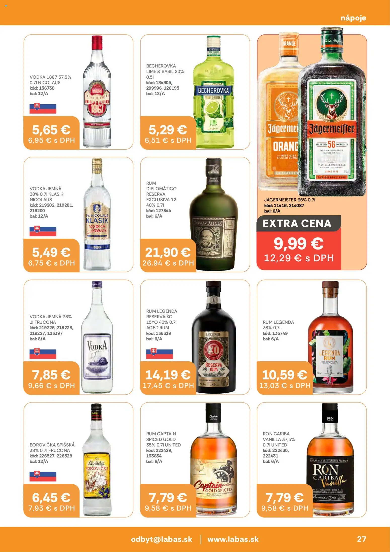 Nové Labaš akcie – leták je platný od 23.10.2026 | Strana: 27 | Produkty: Jägermeister, Becherovka, Borovička, Vodka