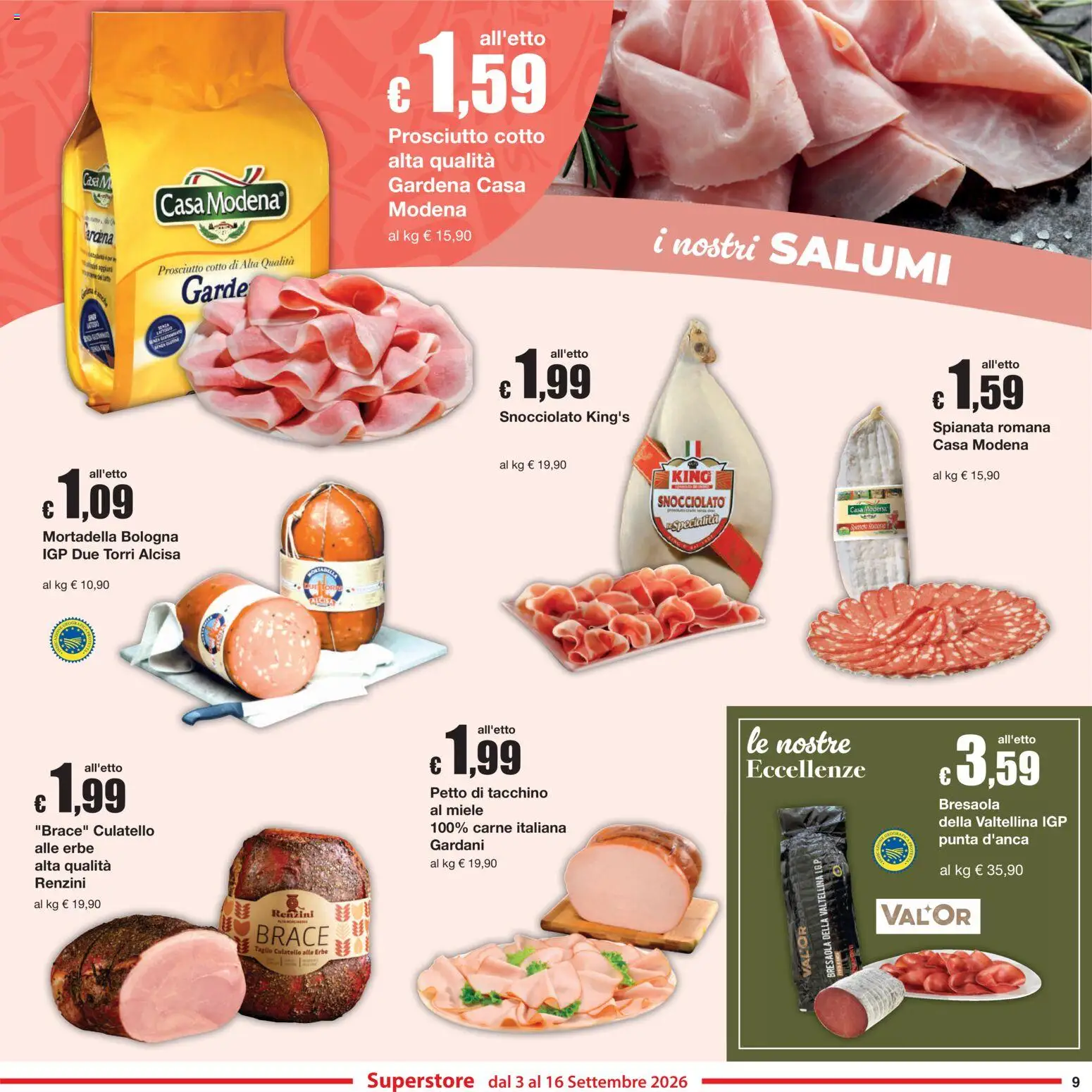 Volantino Sì con Te del 03/09/2026 | Pagina: 9 | Prodotti: Bresaola, Prosciutto, Petto di tacchino, Miele