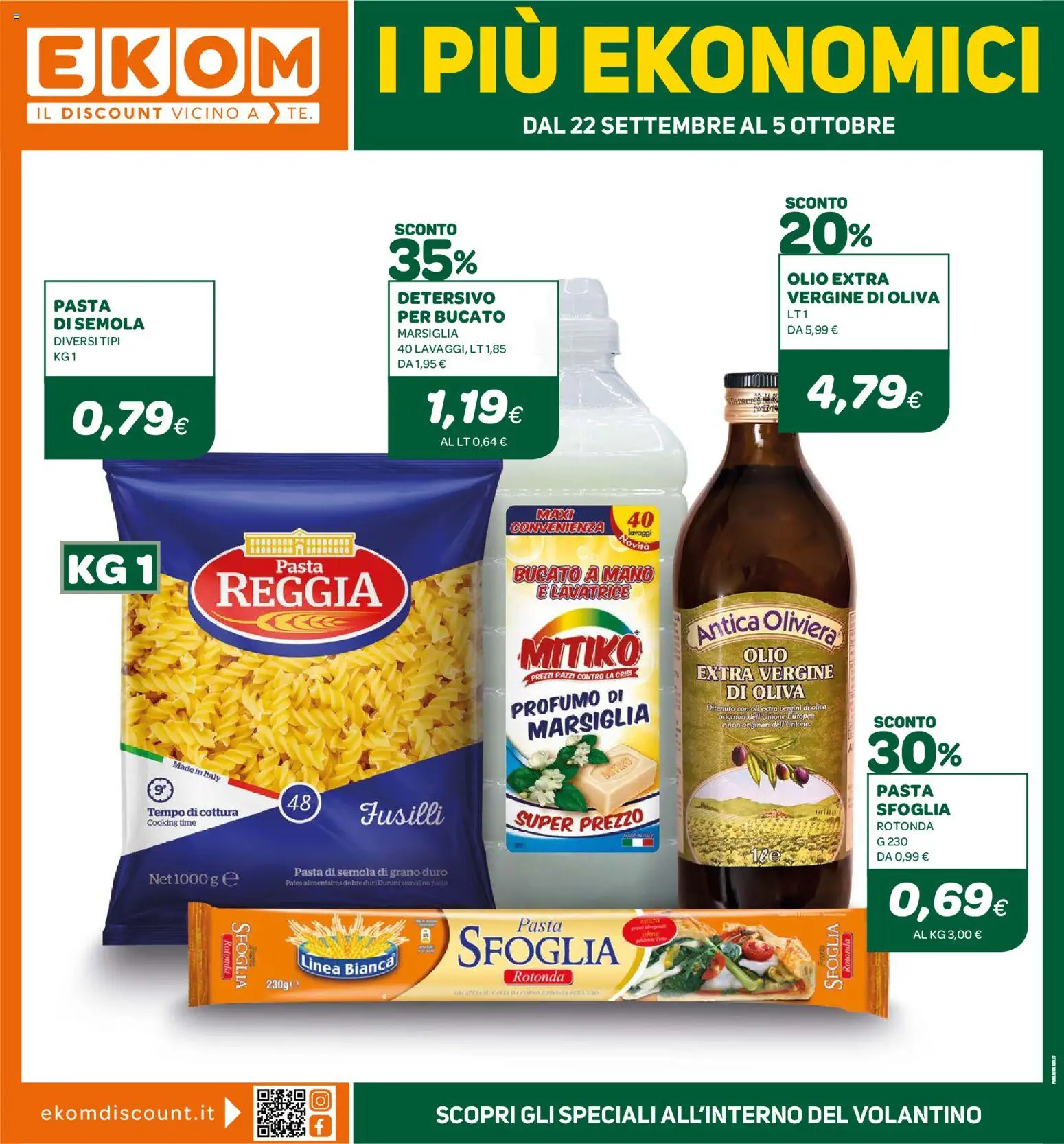 Volantino Ekom del 22/09/2026 | Pagina: 1 | Prodotti: Pasta di semola, Lavatrice, Fusilli, Profumo