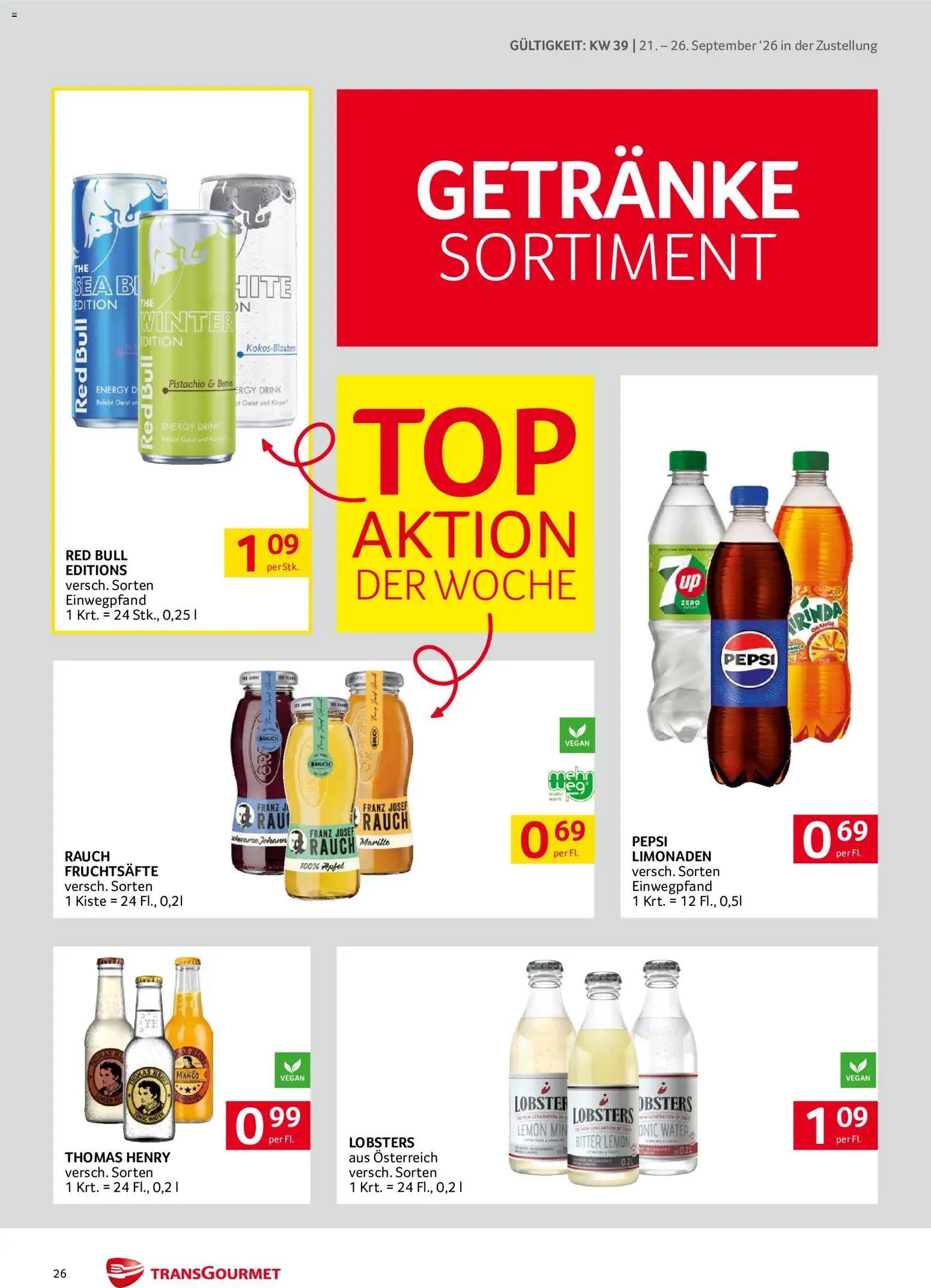 Transgourmet Zustellaktion gültig ab 20.09.2026 | Seite: 26 | Produkte: Getränke, Mango, Pepsi, Äpfel