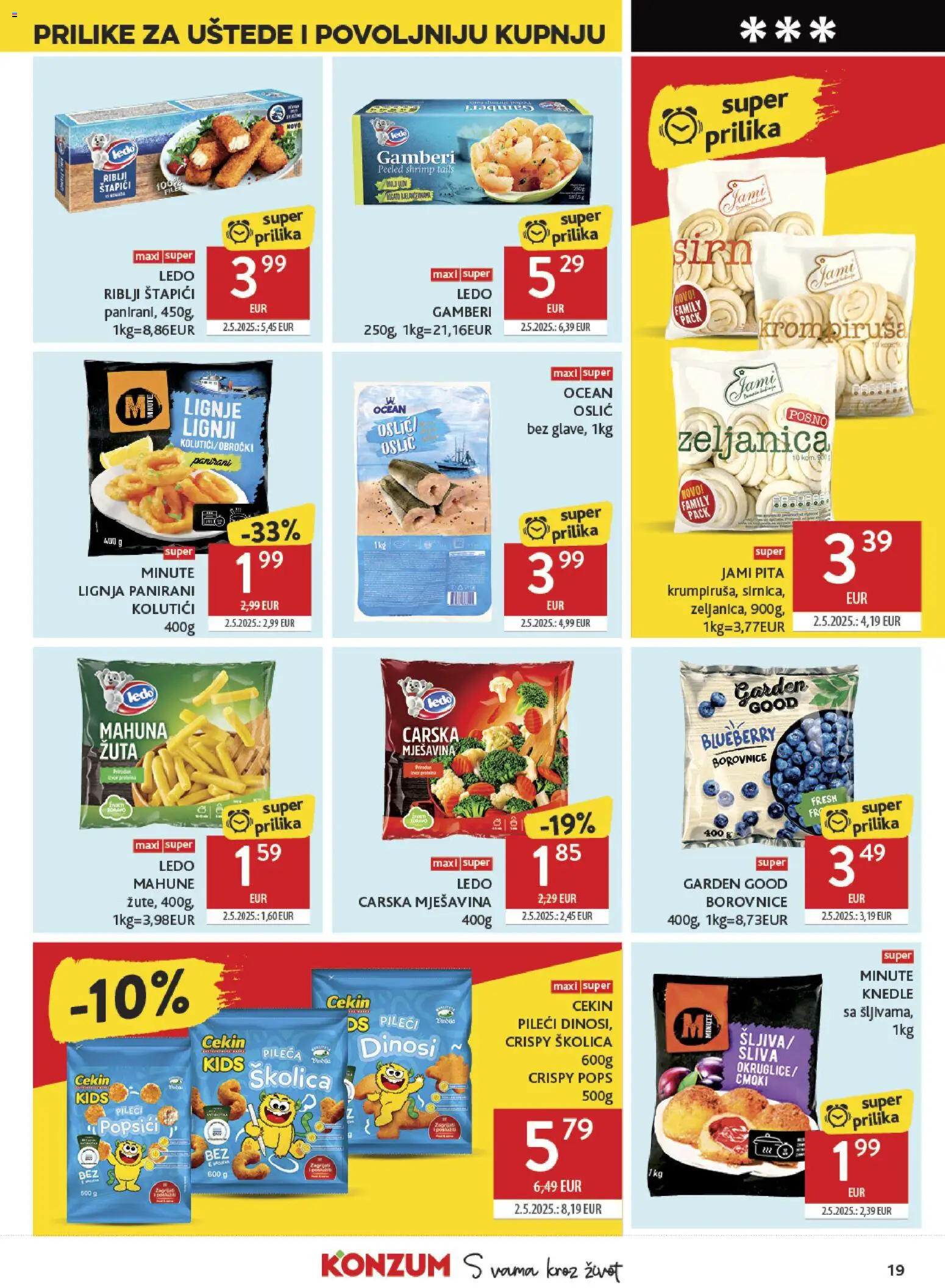 Konzum katalog | vrijedi od 08.07.2026 | Stranica: 19 | Proizvodi: Mahuna, Ledo, Lignje, Oslić