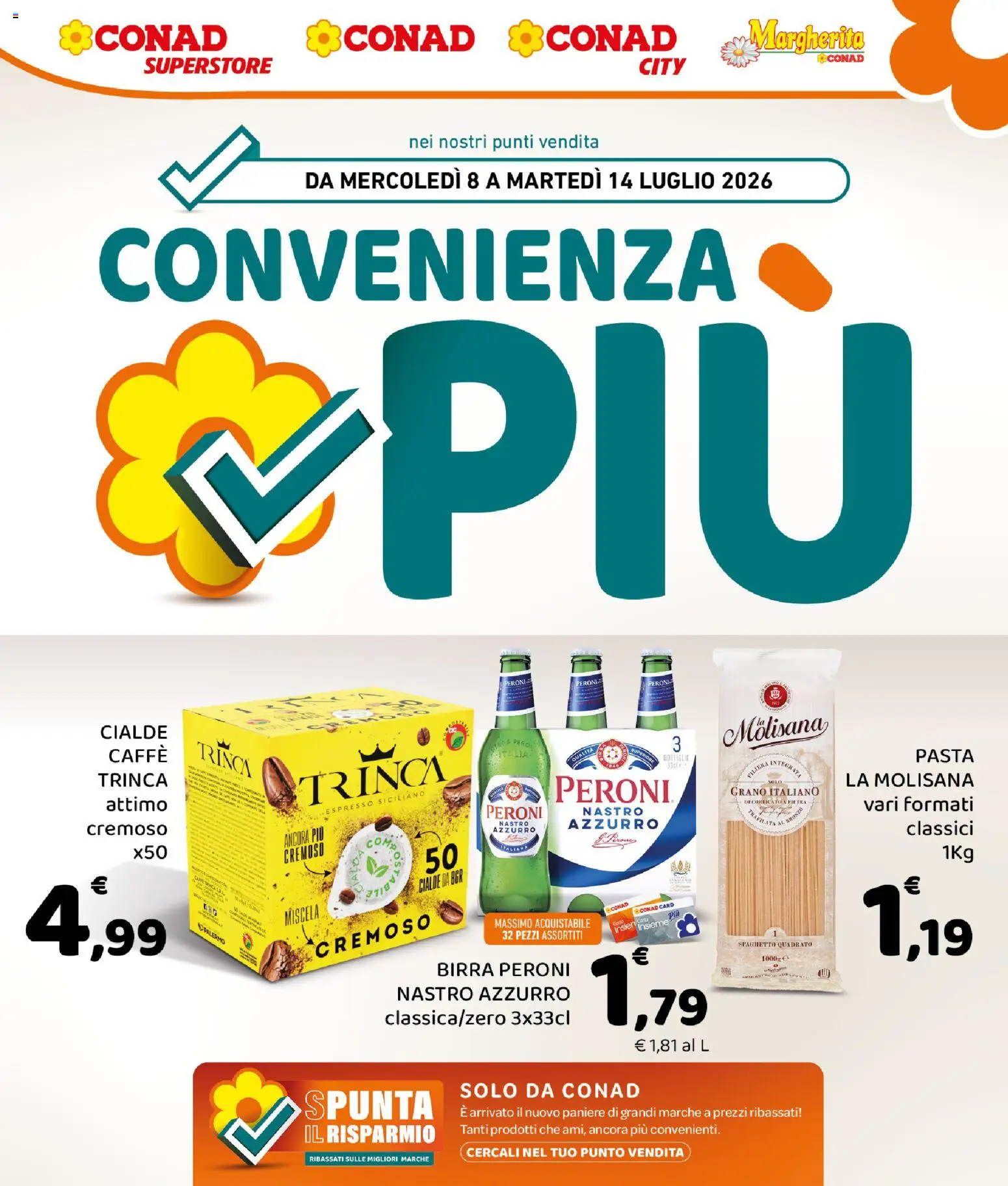 Volantino Conad del 08/07/2026 | Pagina: 1 | Prodotti: Caffè, Birra, Pasta