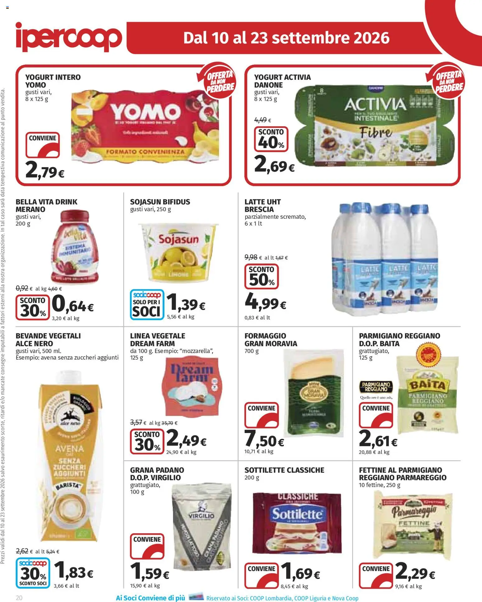 Volantino Ipercoop del 10/09/2026 | Pagina: 20 | Prodotti: Yogurt, Latte, Grana Padano, Parmigiano