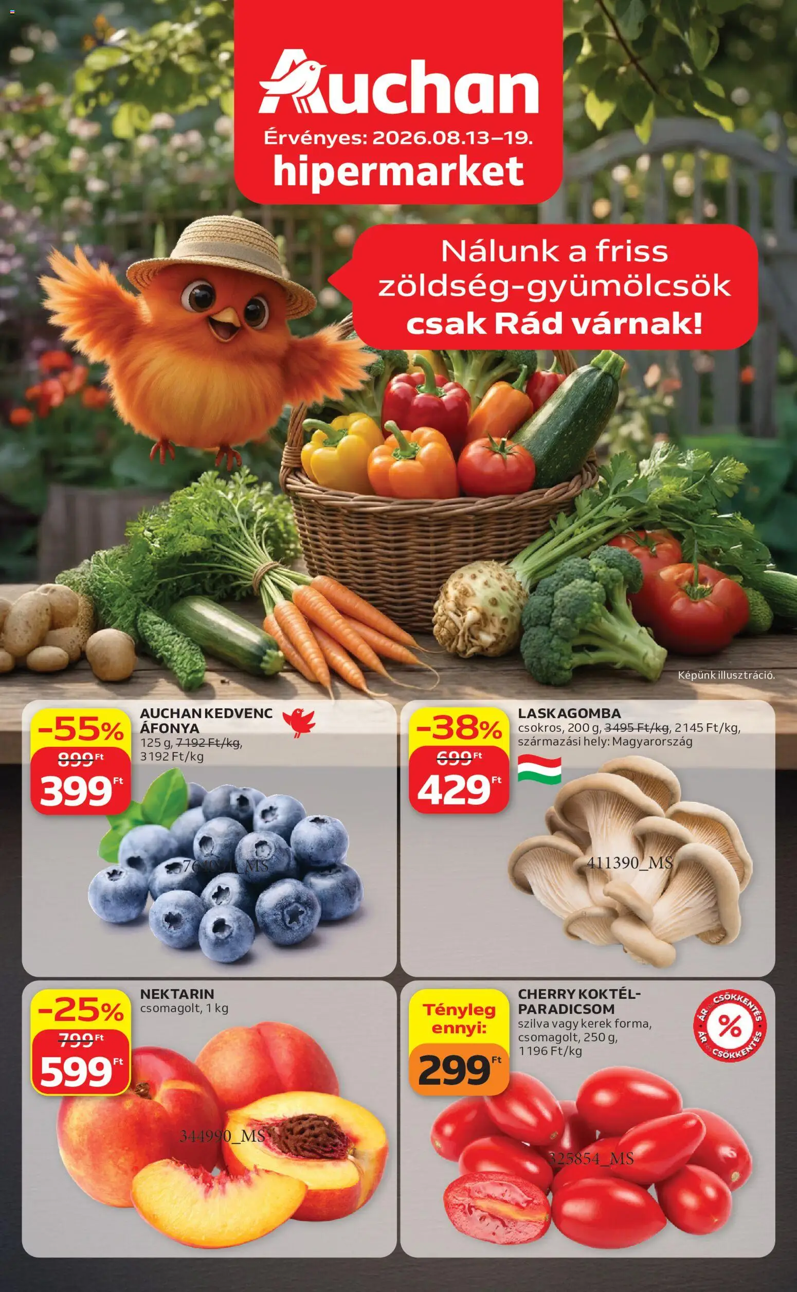 Auchan akciós ujság - amely érvényes a következő dátumtól: 2026.08.13. | Oldal: 1 | Termékek: Áfonya, Szilva, Laskagomba, Koktél