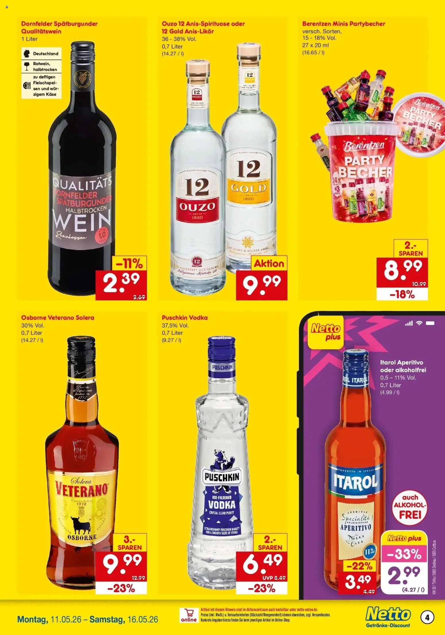 Netto Marken-Discount Prospekt Drebkau	 – gültig ab 10.05.2026 | Seite: 4 | Produkte: Ouzo, Käse, Vodka, Berentzen