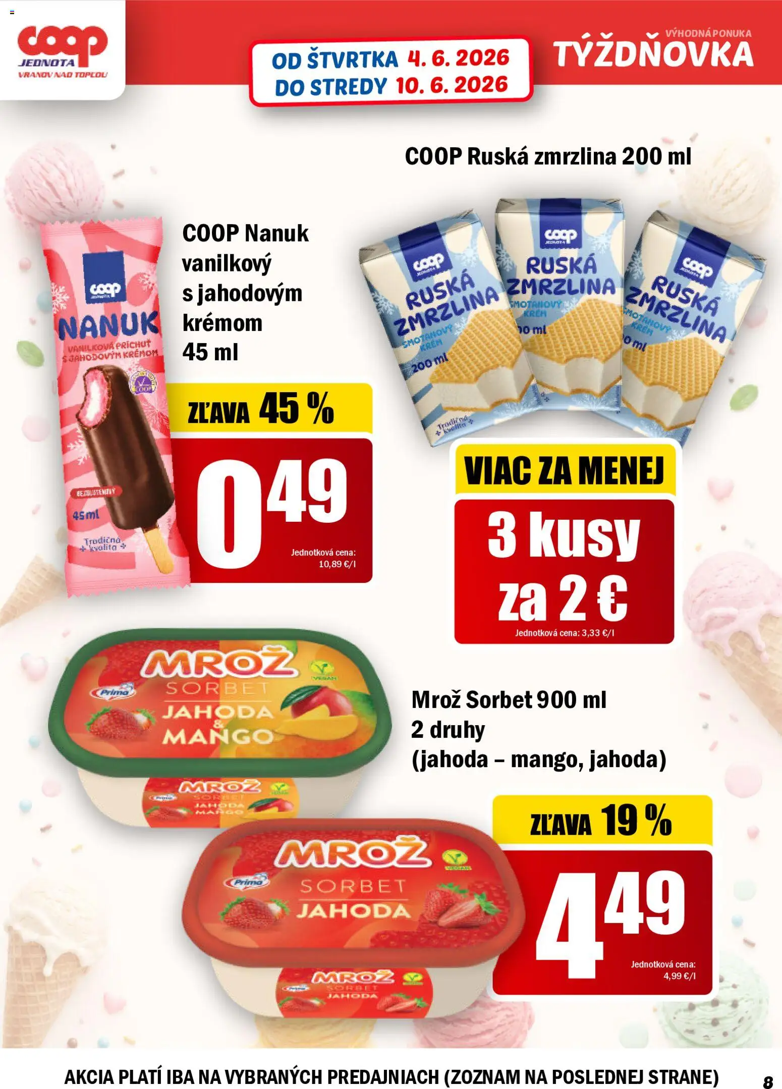Nové COOP Jednota akcie – leták je platný od 04.06.2026 | Strana: 8 | Produkty: Nanuk, Zmrzlina, Sorbet, Mango