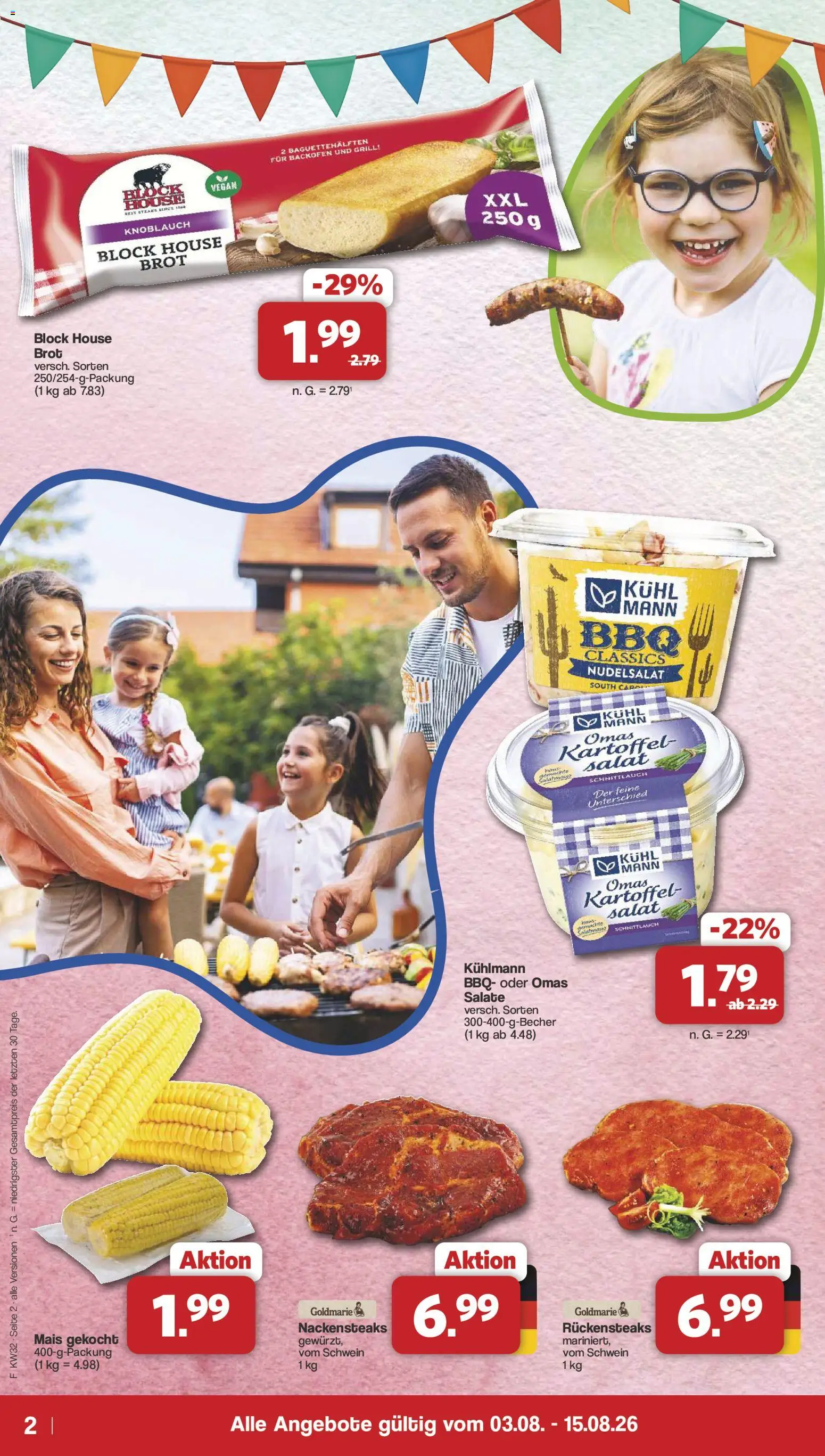 Famila Nordwest Sonderangebote – gültig ab 03.08.2026 | Seite: 2 | Produkte: Nackensteaks, Grill, Knoblauch, Brot