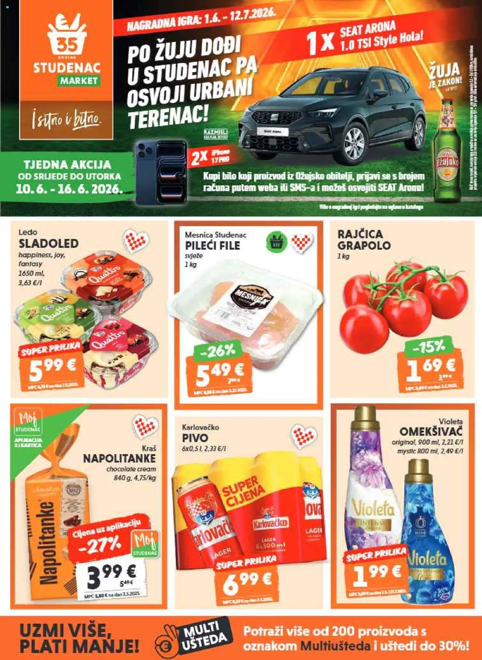 Studenac katalog | vrijedi od 10.06.2026 | Stranica: 1 | Proizvodi: Pivo, Omekšivač, Napolitanke, Violeta