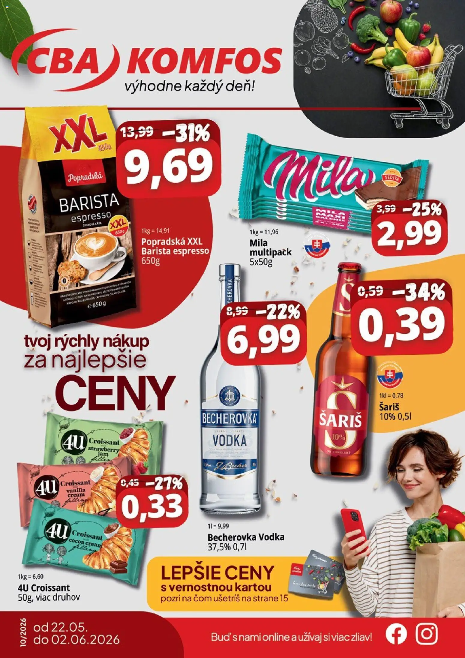 Nové CBA Komfos akcie – leták je platný od 22.05.2026 | Strana: 1 | Produkty: Croissant, Šariš, Vodka, Mila