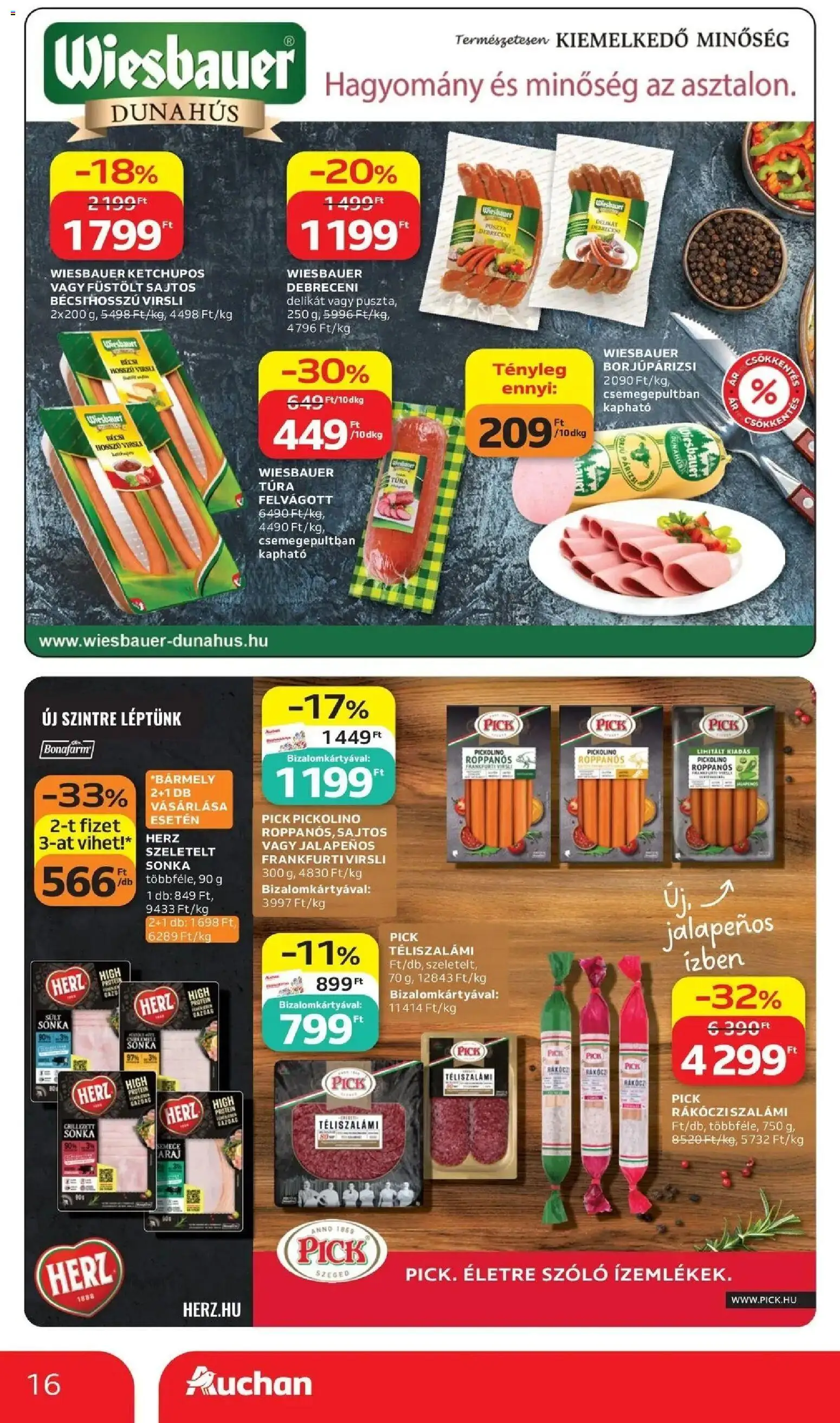 Auchan akciós ujság - amely érvényes a következő dátumtól: 11.06.2026 | Oldal: 16 | Termékek: Szőlő, Pick téliszalámi, Debreceni, Sonka