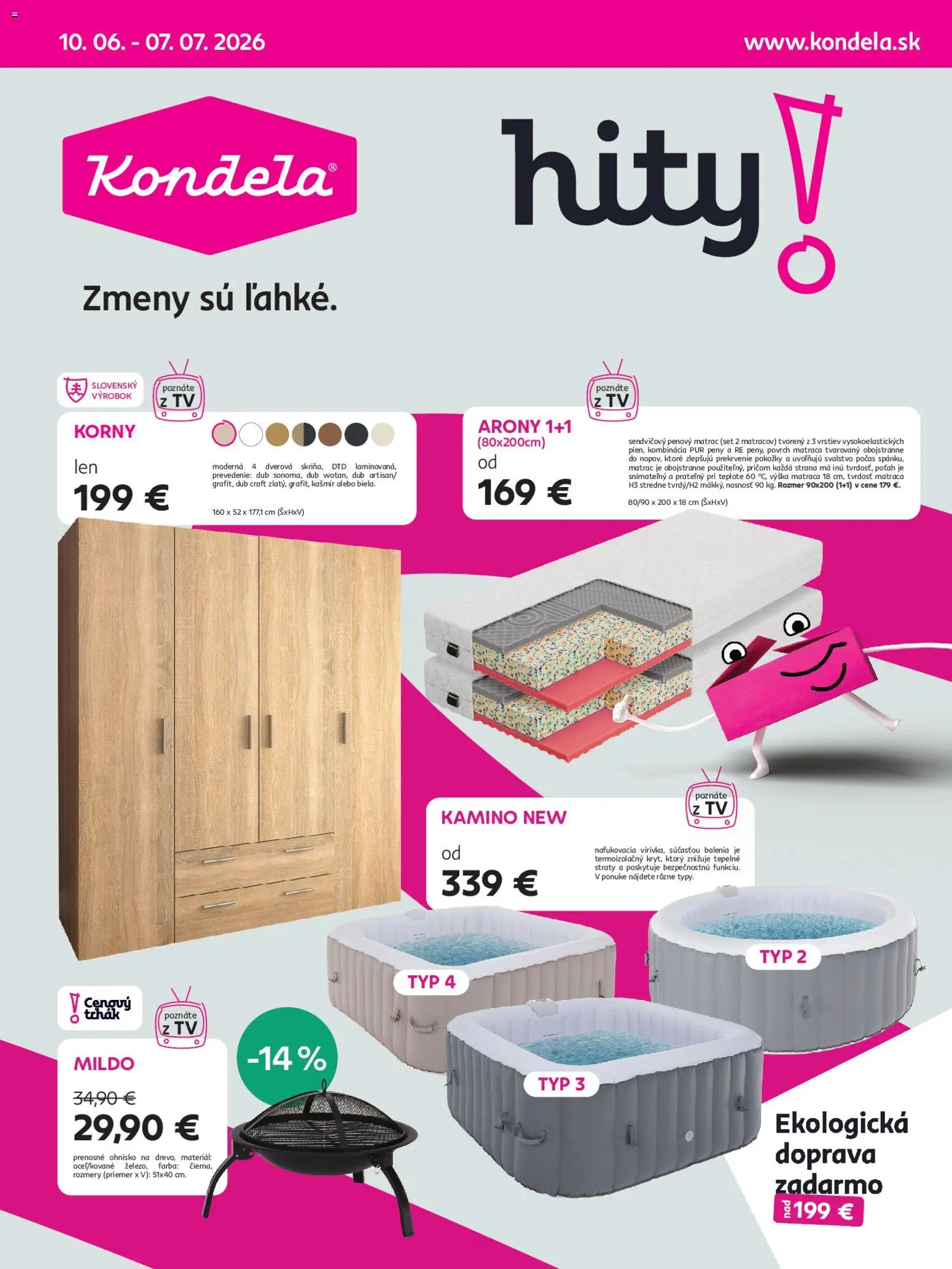 Nové Kondela akcie – leták je platný od 10.06.2026 | Strana: 1 | Produkty: Matrac, Tv