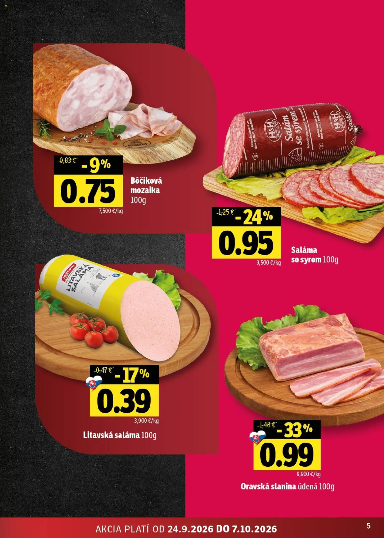 Nové Fresh akcie – leták je platný od 24.09.2026 | Strana: 5 | Produkty: Saláma, Slanina