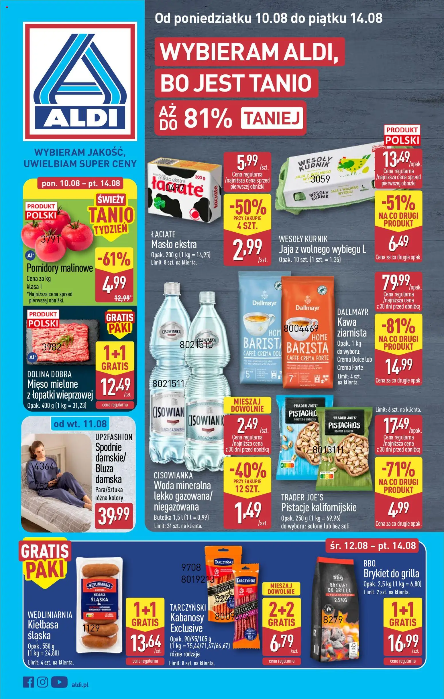 Aldi gazetka od 10.08.2026 | Strona: 1 | Produkty: Mięso, Pistacje, Kawa, Woda