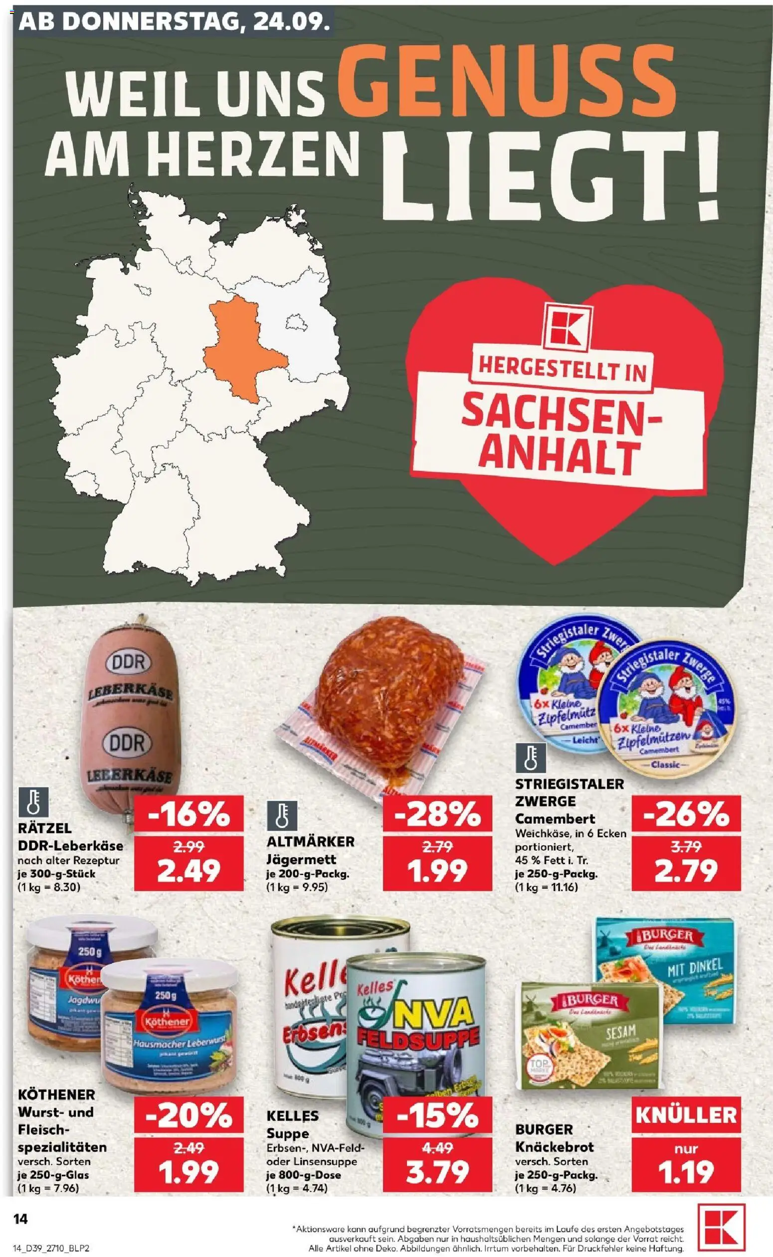 Kaufland Prospekt Zeitz – gültig ab 24.09.2026 | Seite: 14 | Produkte: Spezialitäten, Camembert, Fleisch, Erbsen