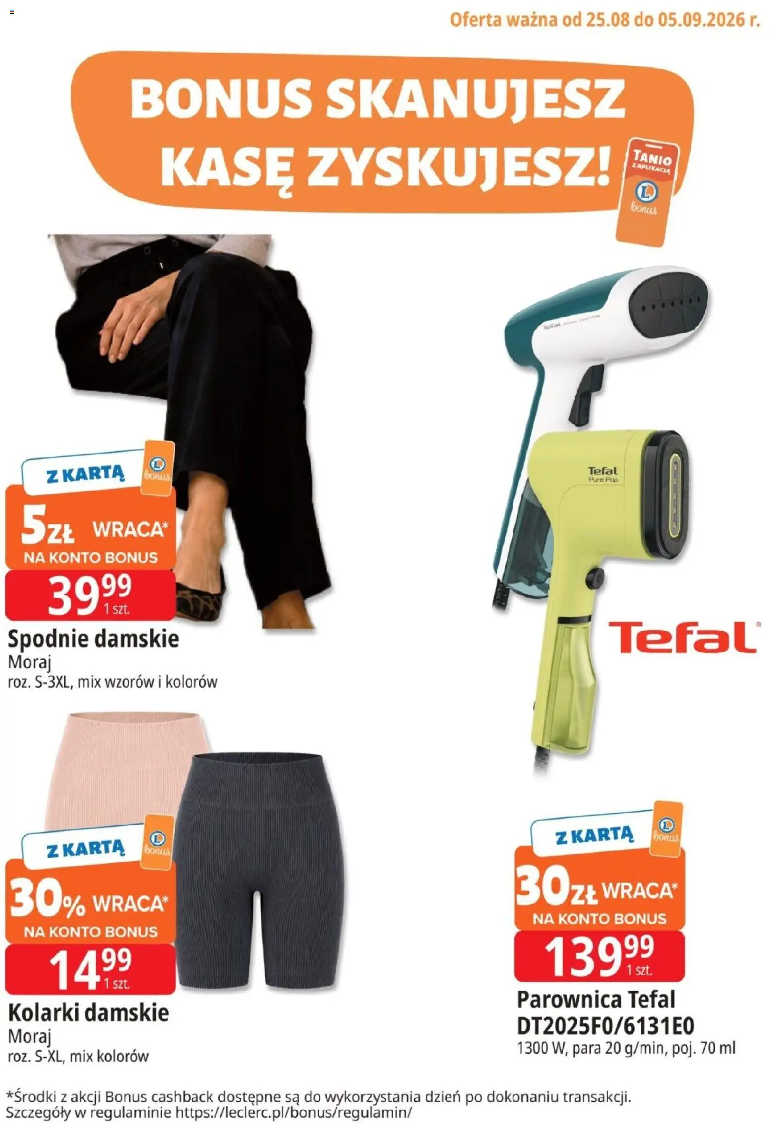 E.Leclerc gazetka - Bonus od 25.08.2026 | Strona: 5 | Produkty: Karta, Spodnie, Parownica, Tefal