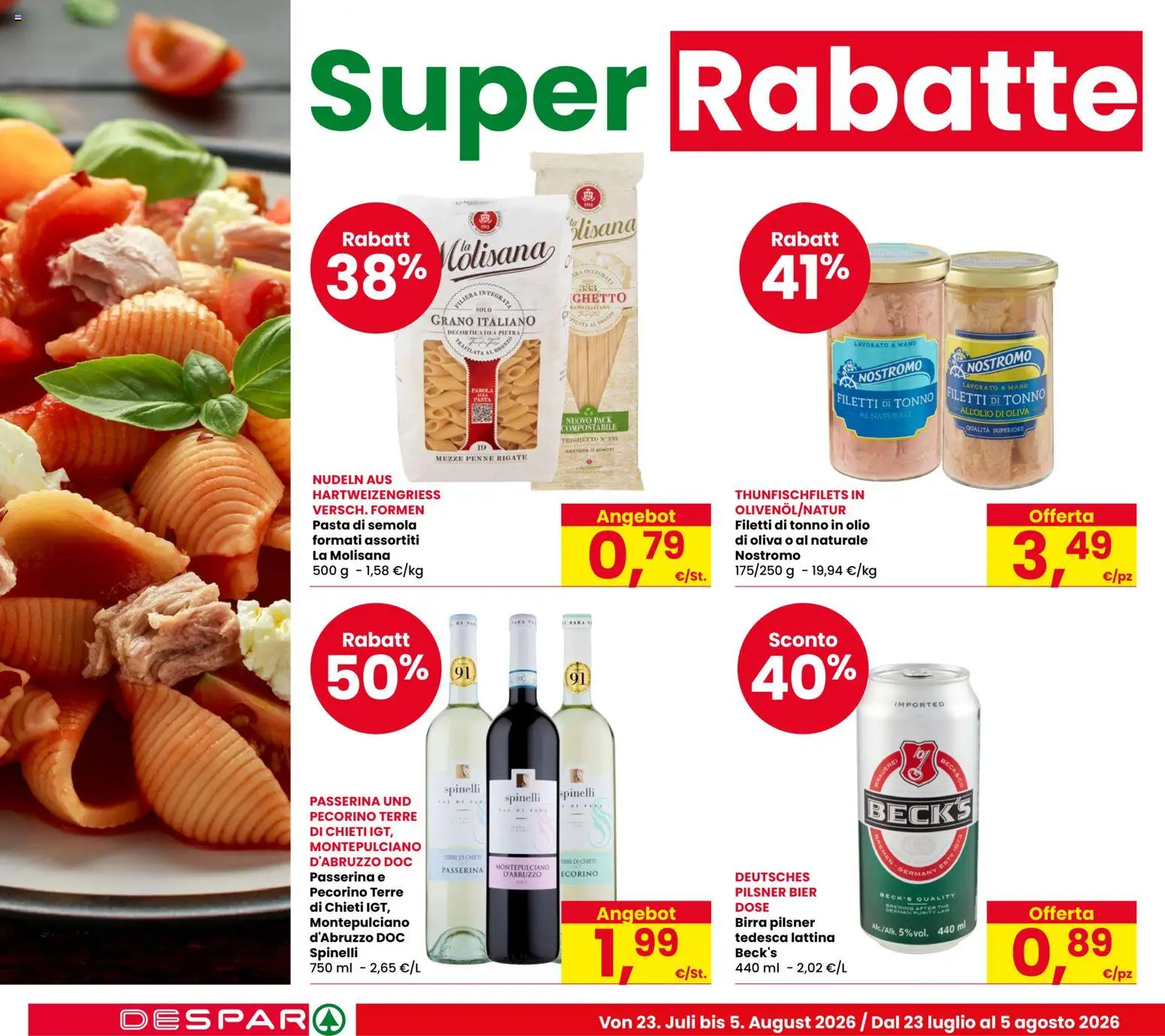 Volantino Despar del 23/07/2026 | Pagina: 6 | Prodotti: Birra, Penne, Pecorino, Olio di Oliva
