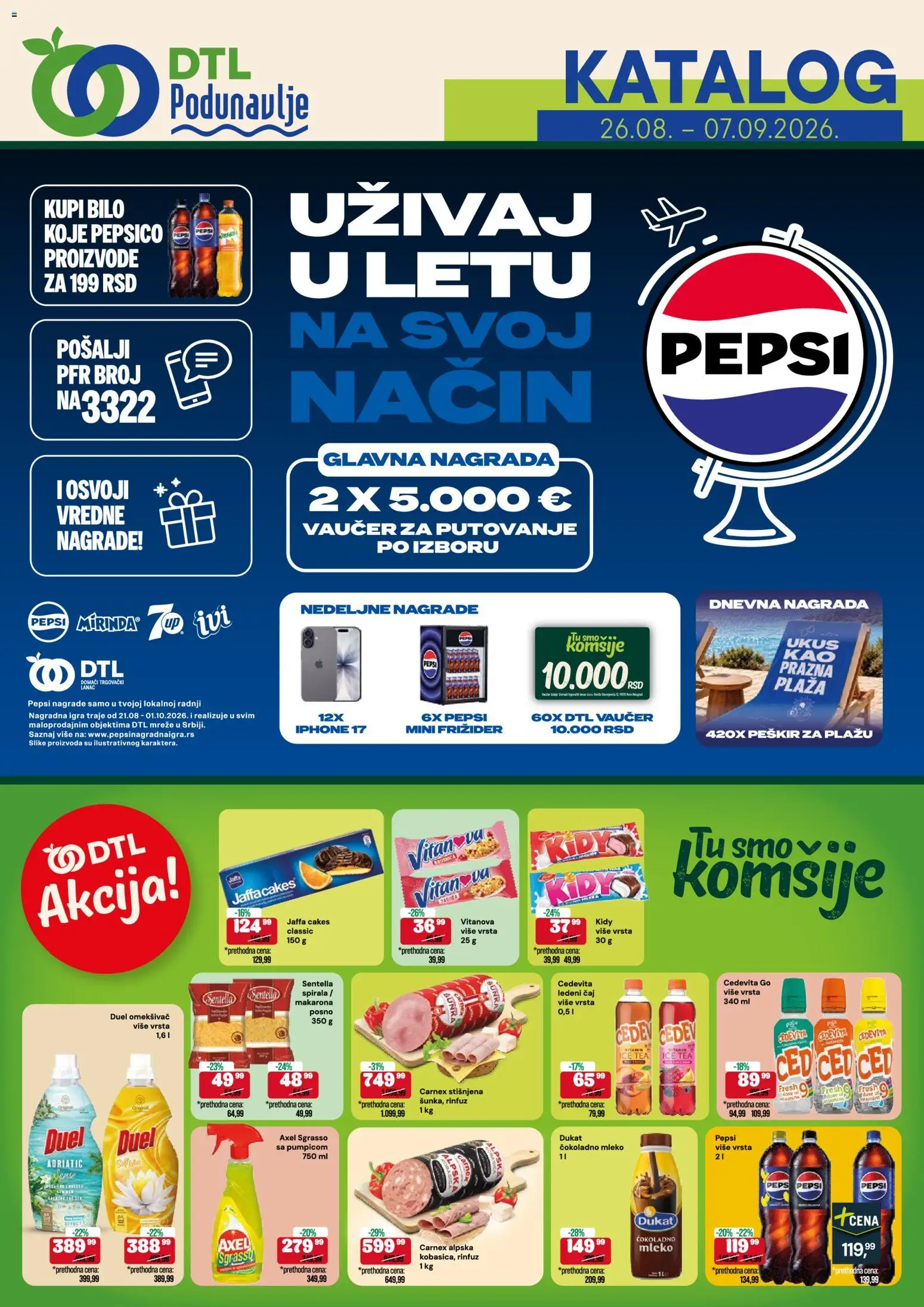 Podunavlje katalog - važi od 26.08.2026 | Strana: 1 | Proizvode: Čokoladno mleko, Šunka, Čaj, Pepsi
