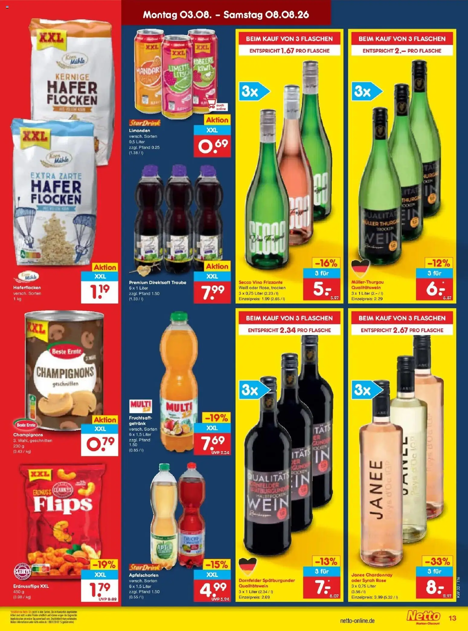 Netto Marken-Discount Prospekt Pirna – gültig ab 03.08.2026 | Seite: 27 | Produkte: Champignons, Wein, Fruchtsaft, Flocken