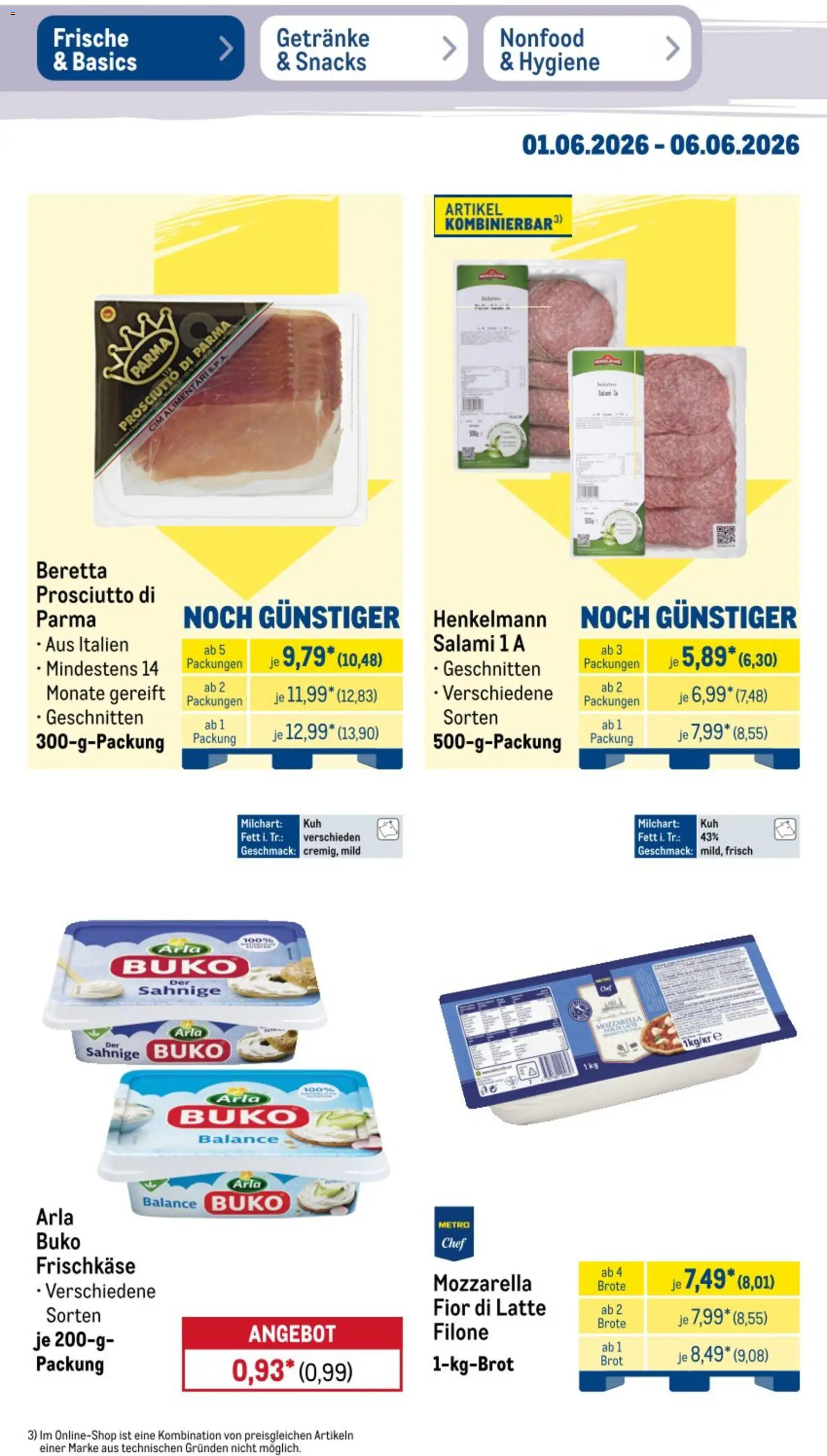Metro NonFood-Angebote – gültig ab 01.06.2026 | Seite: 43 | Produkte: Arla buko, Brot, Salami, Frischkase