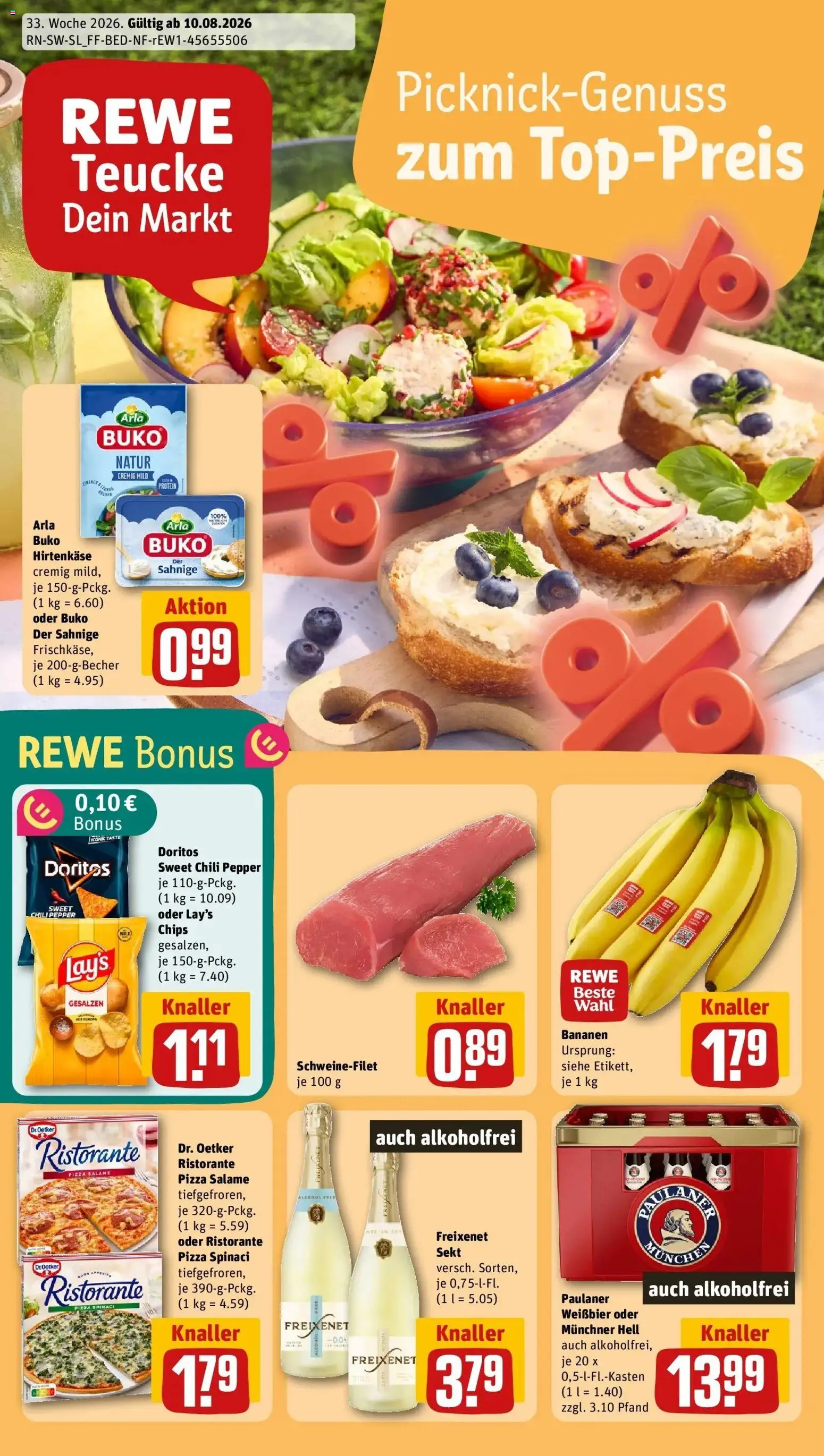 REWE Prospekt ab 10.08.2026 zum Blättern » Angebote | Seite: 1 | Produkte: Weißbier, Sekt, Schweinefilet, Paulaner