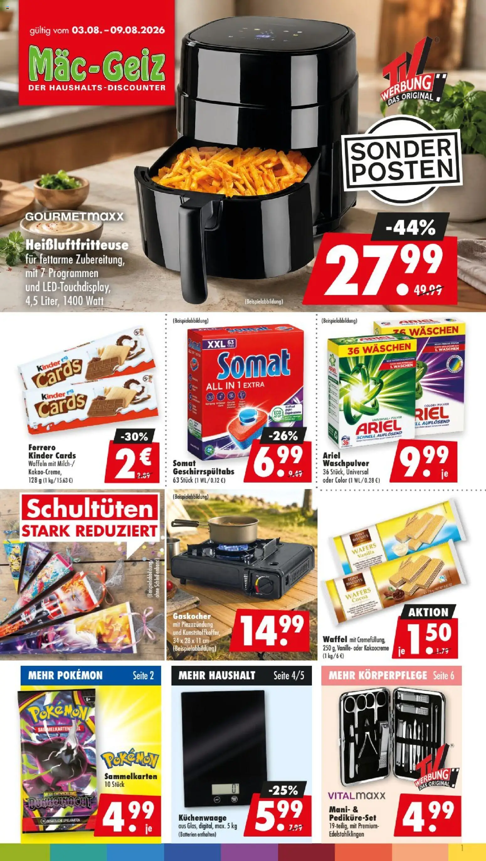 Mäc Geiz Prospekt – gültig ab 03.08.2026 | Seite: 1 | Produkte: Batterien, Ariel, Waffeln, Heißluftfritteuse
