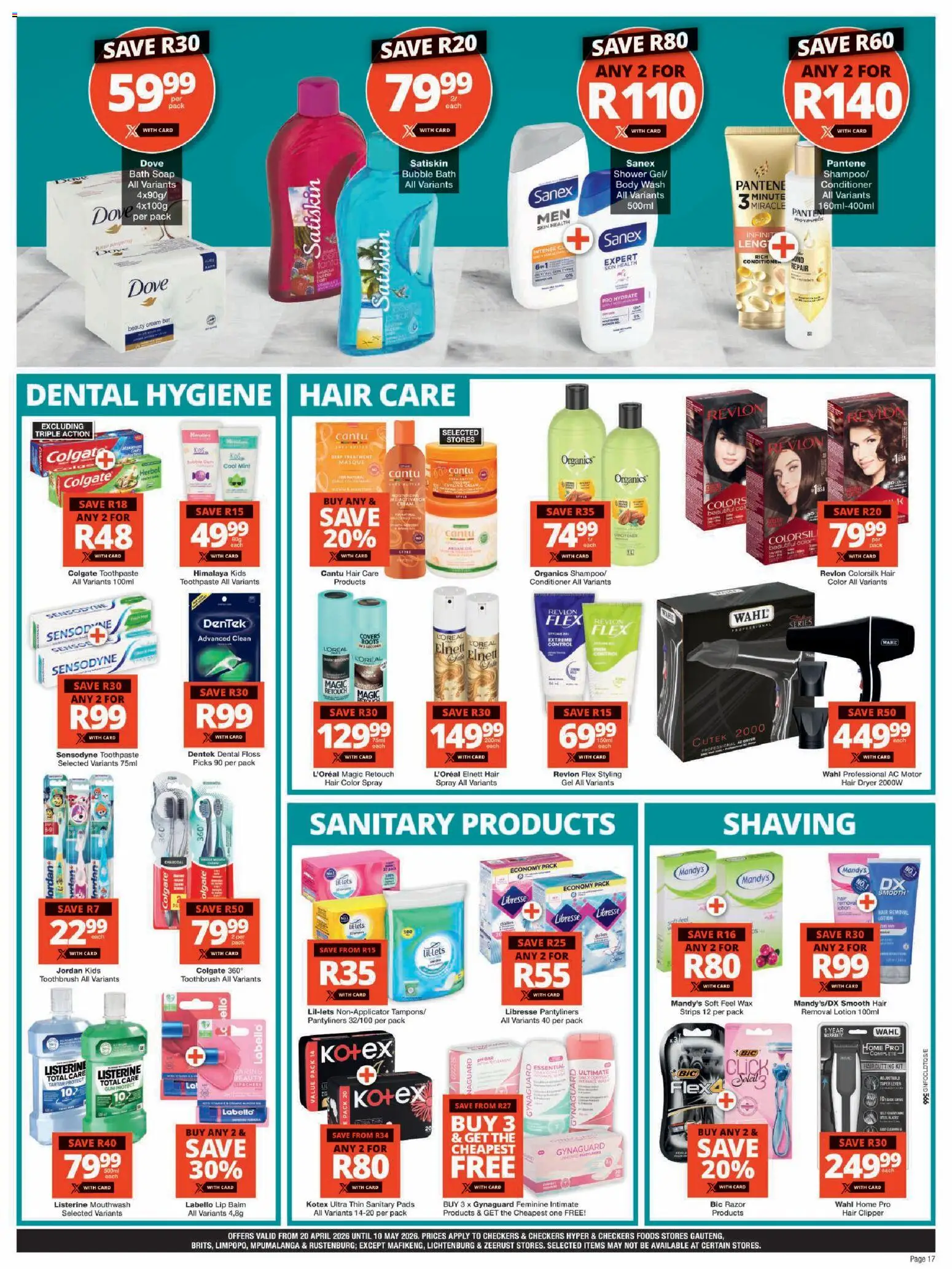 New Checkers catalogue – valid from 20.04.2026 | Page: 17 | Products: Hair clipper, Soap, Lotion, Sanitary products