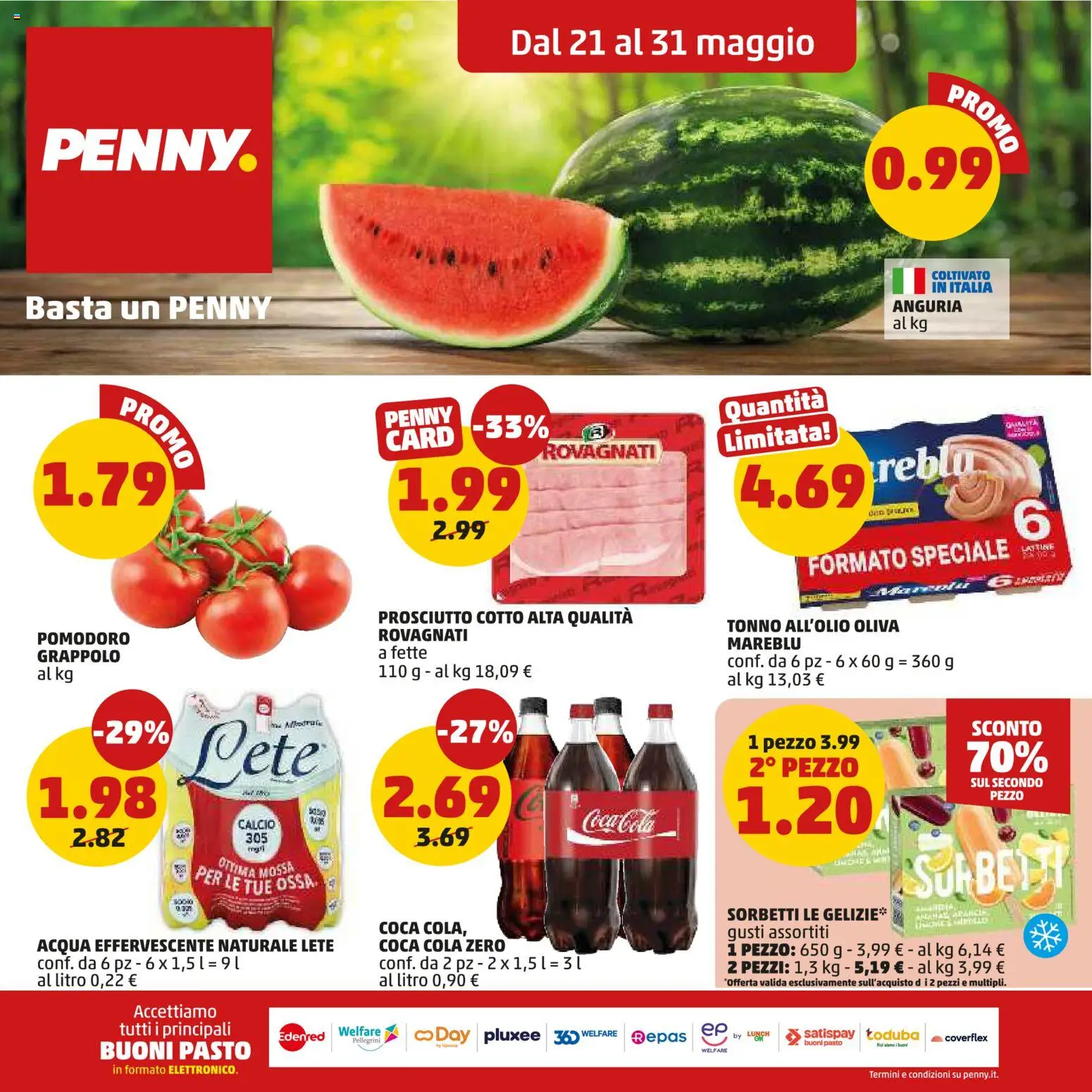 Volantino PENNY del 21.05.2026 | Pagina: 1 | Prodotti: Prosciutto Cotto, Acqua, Prosciutto, Coca Cola