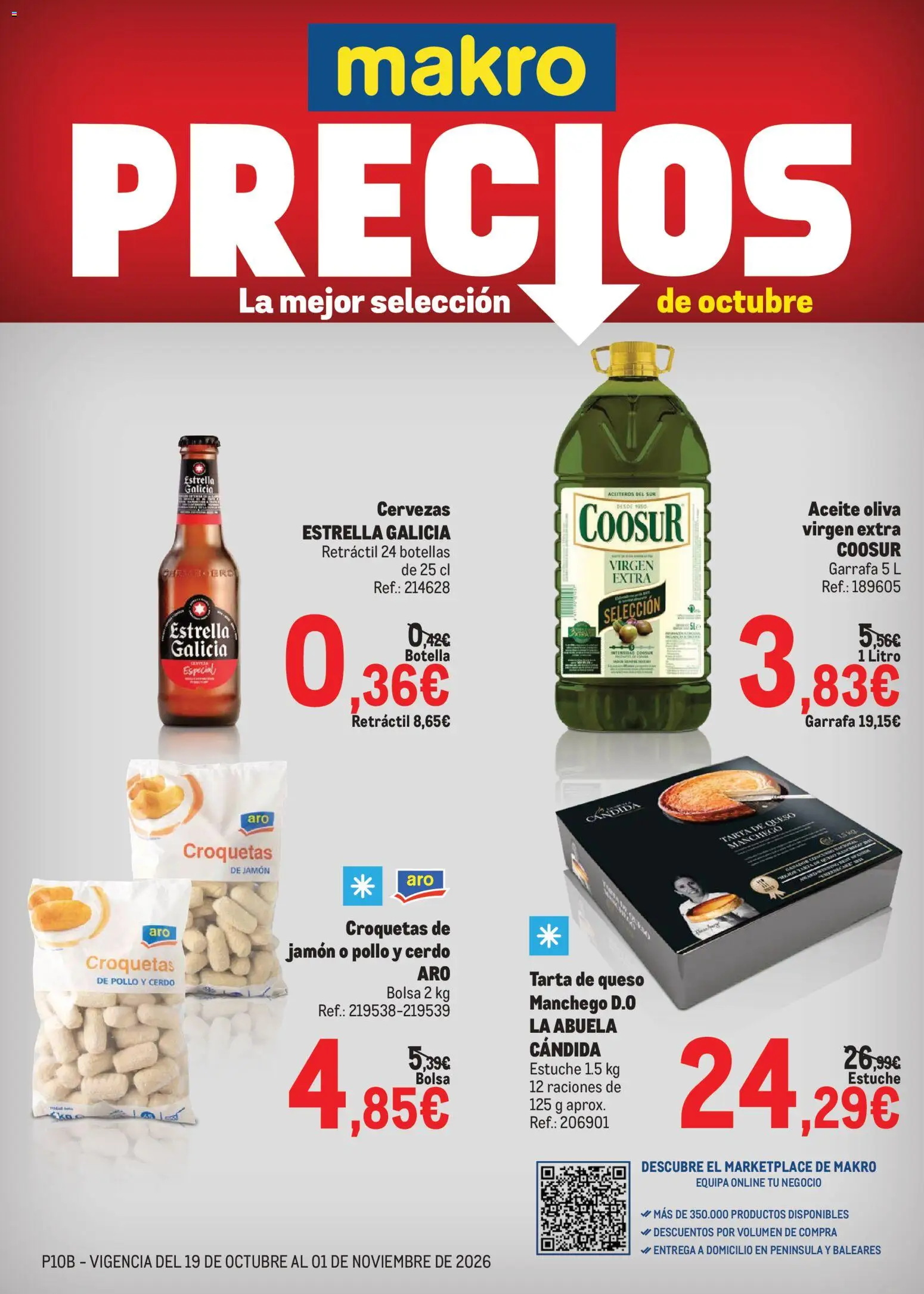 Makro catálogo │ válido desde el 19/10/2026 | Página: 1 | Productos: Tarta, Jamón, Bolsa, Pollo