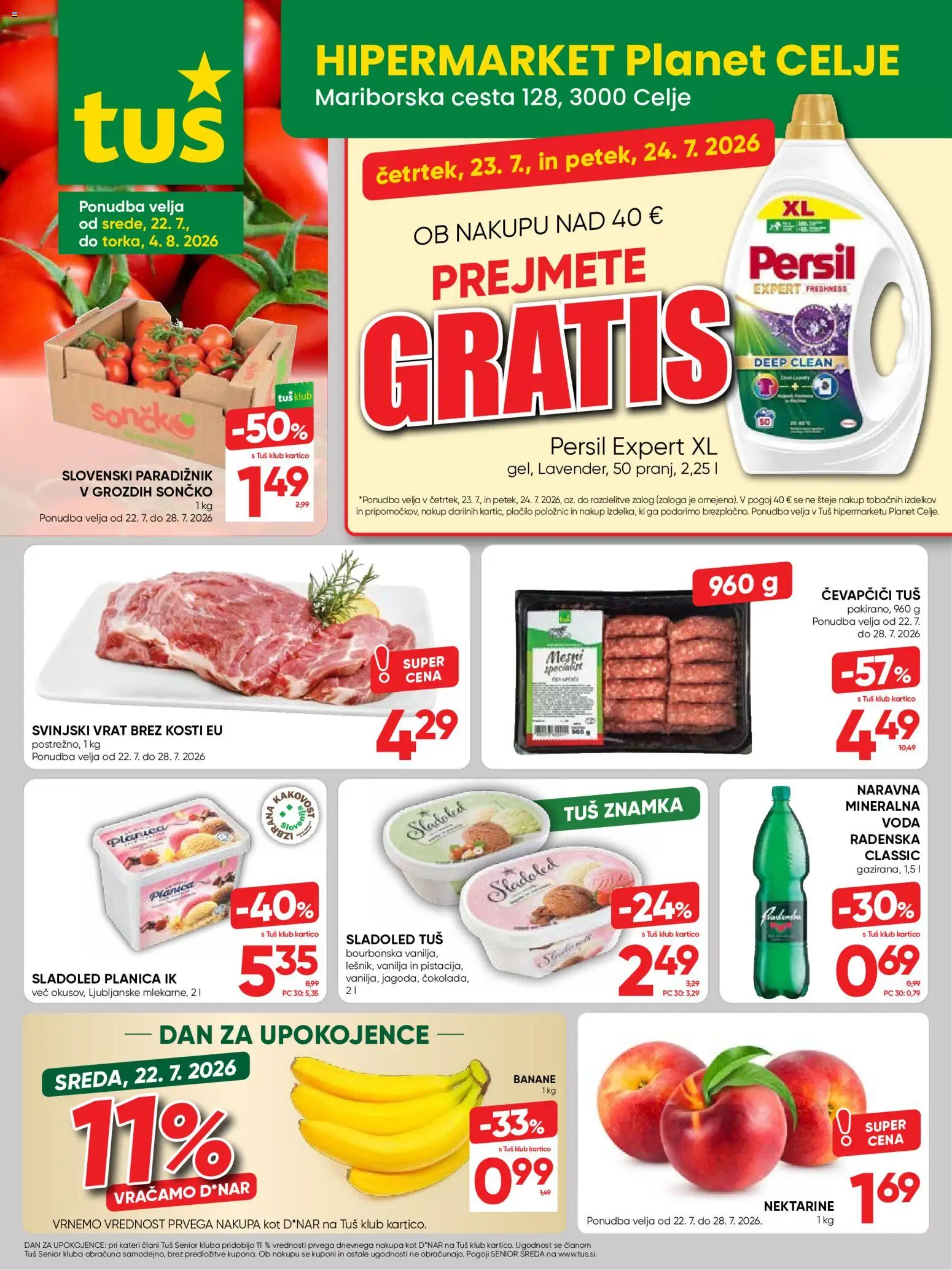 Novi Tuš katalog ponudbe – veljaven od 22.07.2026 | Stran: 21 | Izdelki: Čevapčiči, Banane, Voda, Nektarine