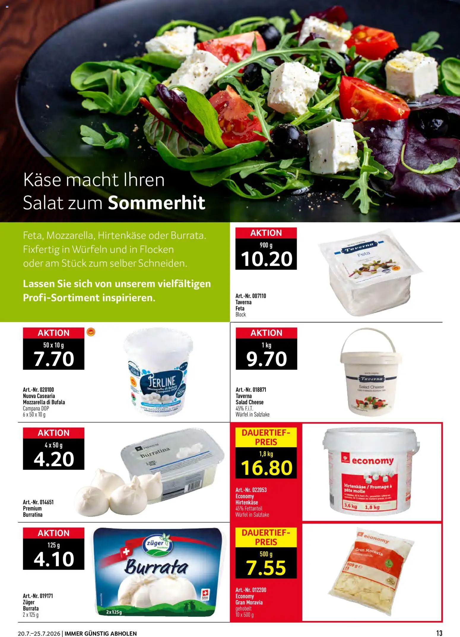 Prodega aktionen – gültig ab 20.07.2026 | Seite: 13 | Produkte: Feta, Käse, Flocken, Salat