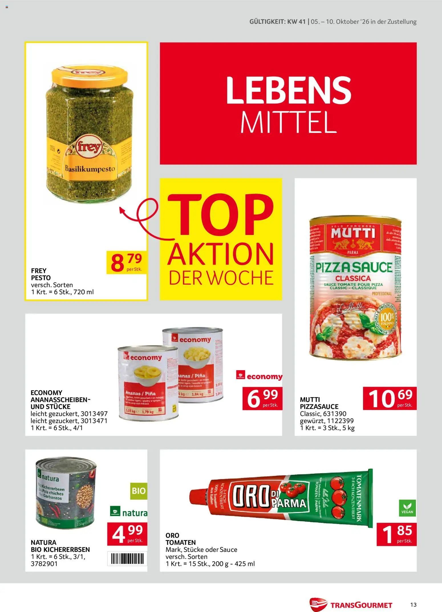 Transgourmet Zustellaktion gültig ab 05.10.2026 | Seite: 13 | Produkte: Pizza, Tomaten, Ananas