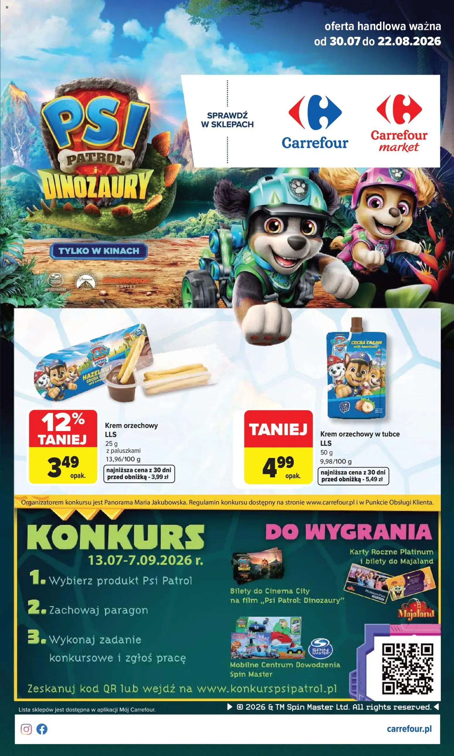 Carrefour gazetka - Psi Patrol i dinozaury od 30.07.2026 | Strona: 1 | Produkty: Krem orzechowy, Krem