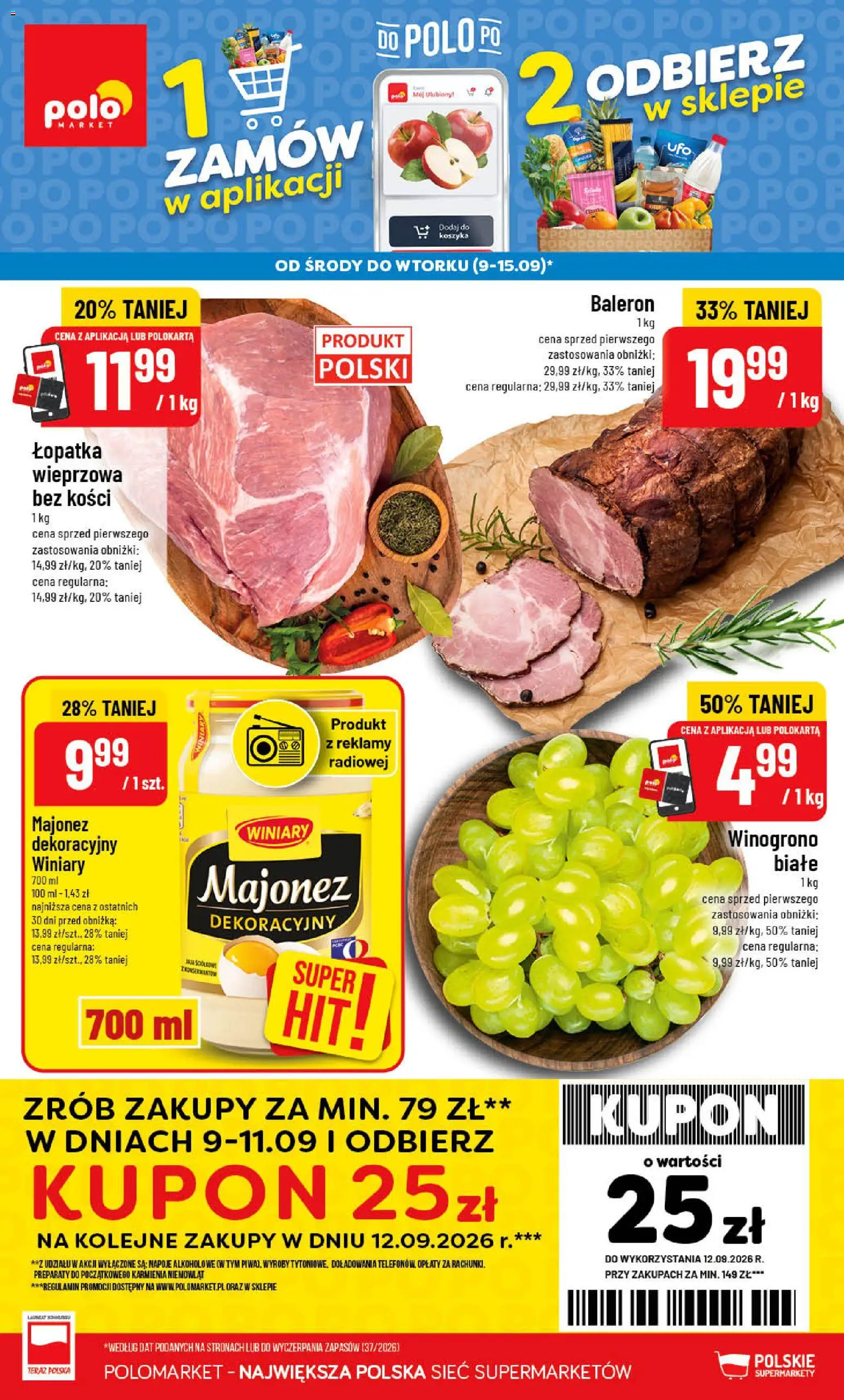 POLOmarket gazetka od 09.09.2026 | Strona: 1 | Produkty: Winogrono, Napoje, Łopatka wieprzowa, Majonez