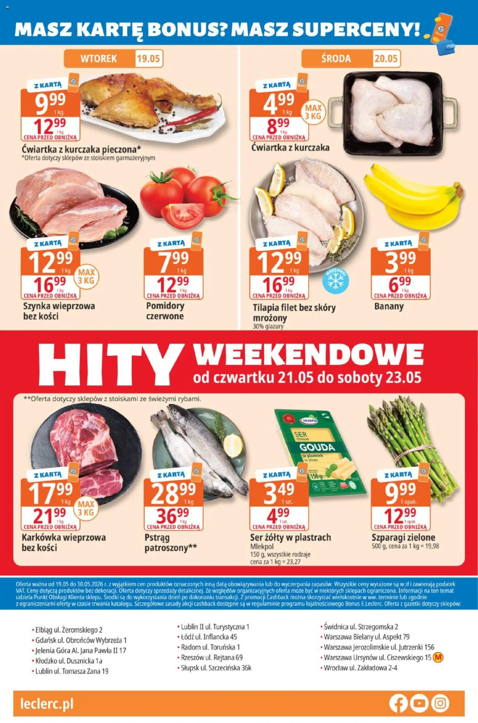 E.Leclerc gazetka od 19.05.2026 | Strona: 40 | Produkty: Karkówka wieprzowa, Szynka wieprzowa, Tilapia, Ser