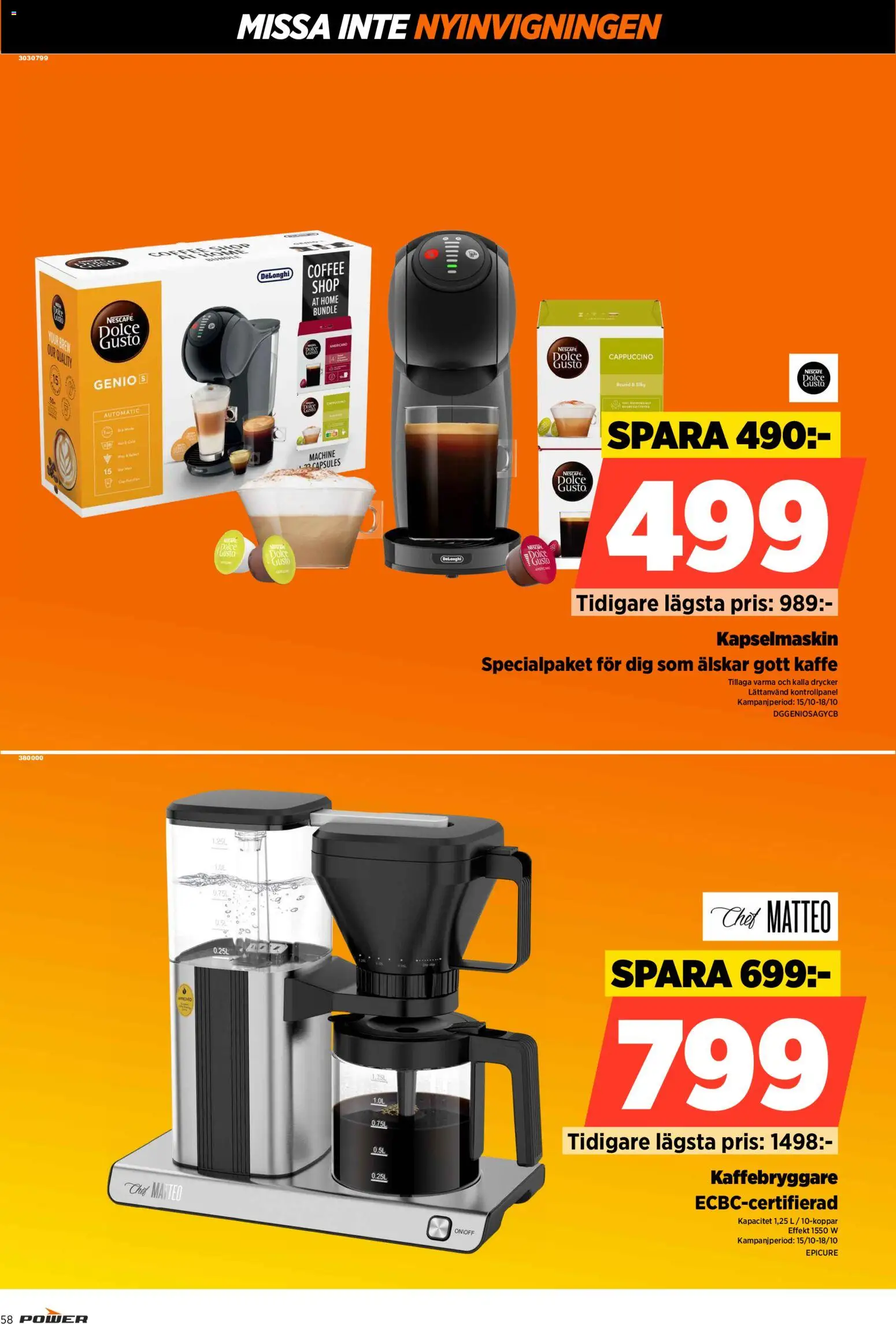 Power reklamblad aktuell från 15/10/2026 | Sida: 58 | Produkter: Kaffebryggare, Kaffe, Drycker, Kapselmaskin