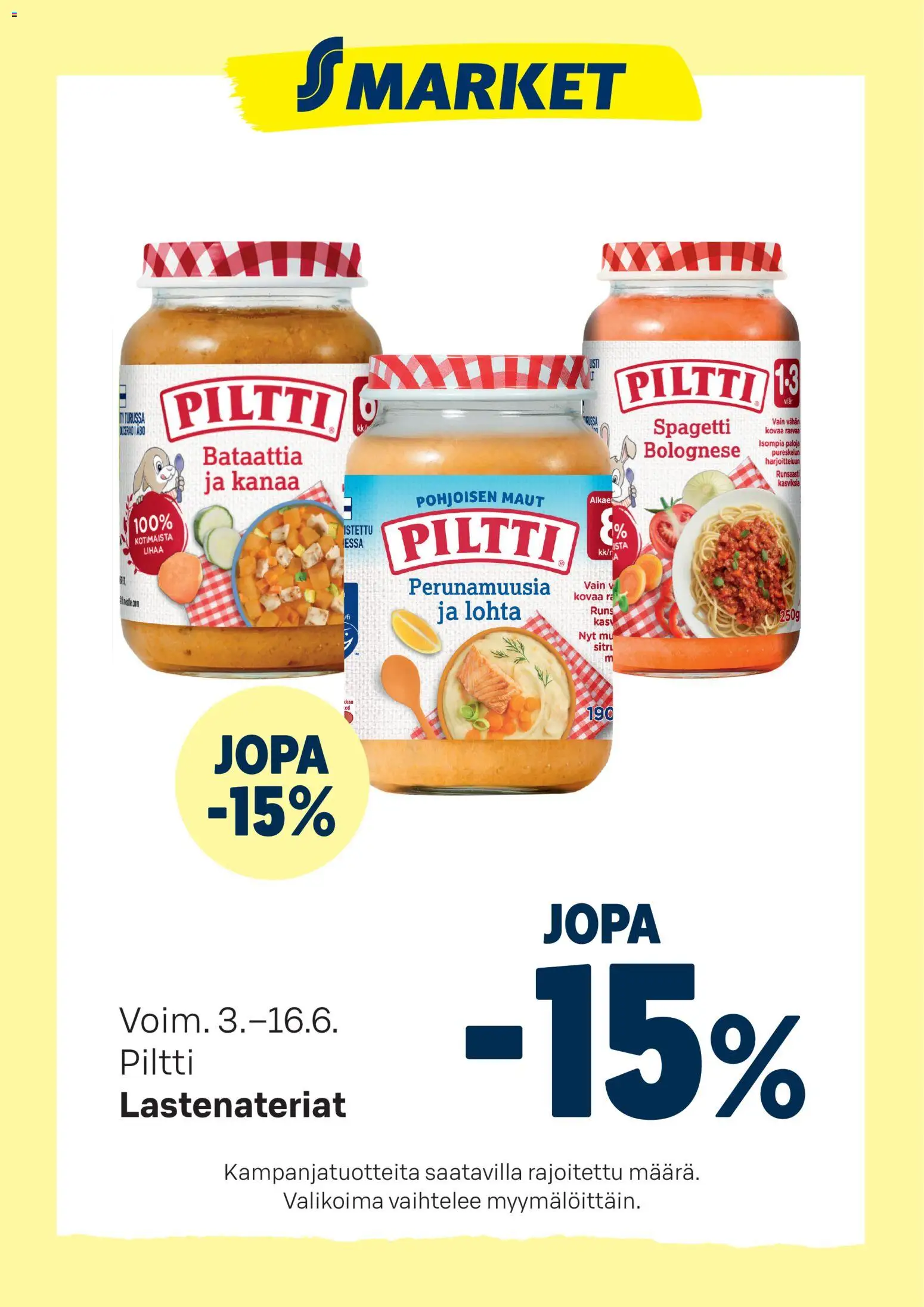 S-market tarjoukset Piltti – voimassa 03.06.2026 alkaen | Sivu: 1 | Tuotteet: Spagetti