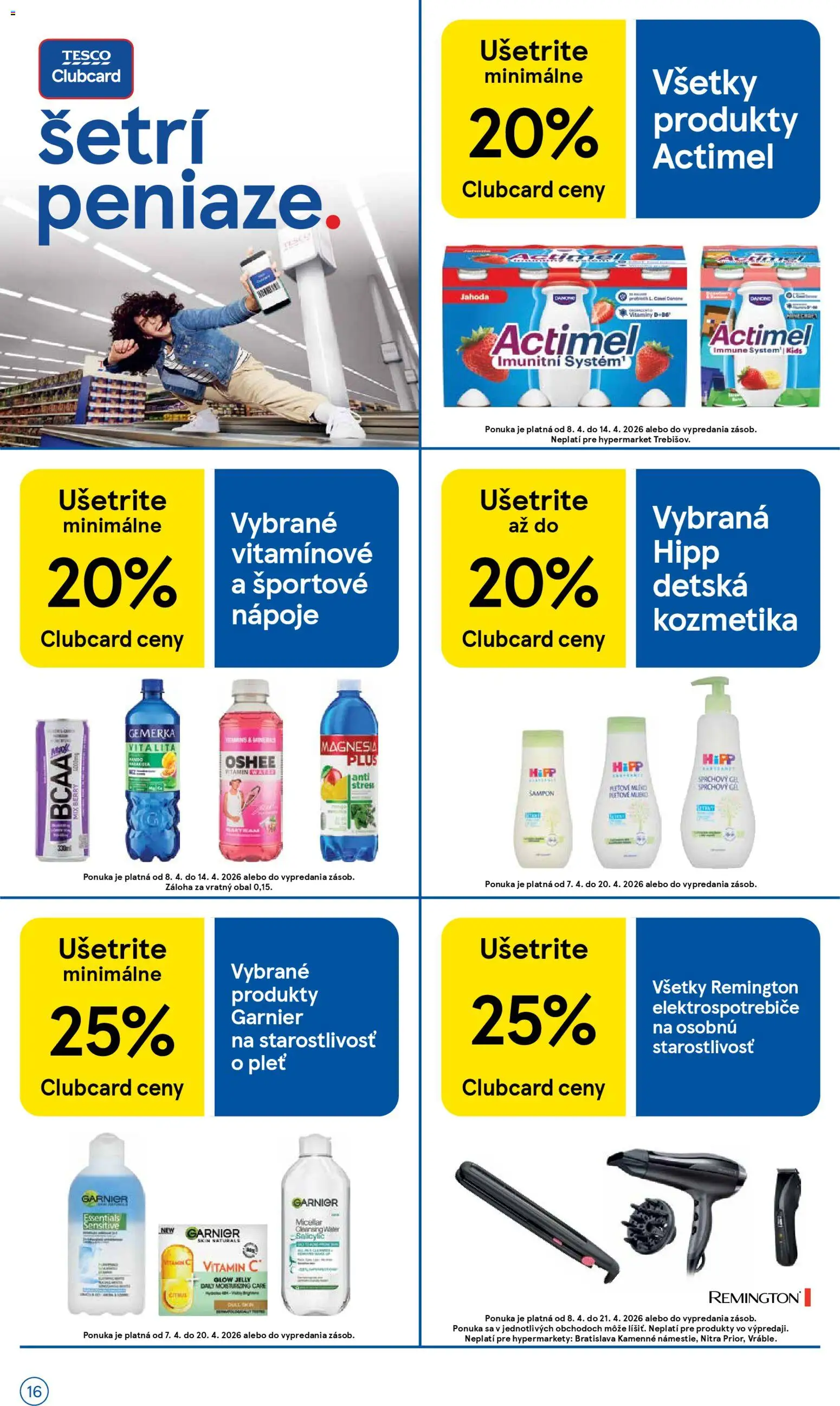 Nové Tesco akcie – leták je platný od 08.04.2026 | Strana: 16 | Produkty: Šampón, Sprchový gél, Magnesia, Actimel