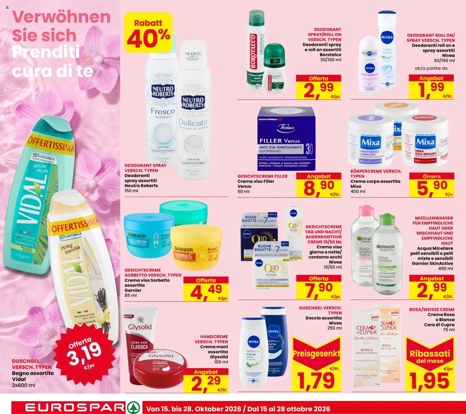 Volantino Eurospar del 15/10/2026 | Pagina: 20 | Prodotti: Tè, Talco, Bagno, Doccia