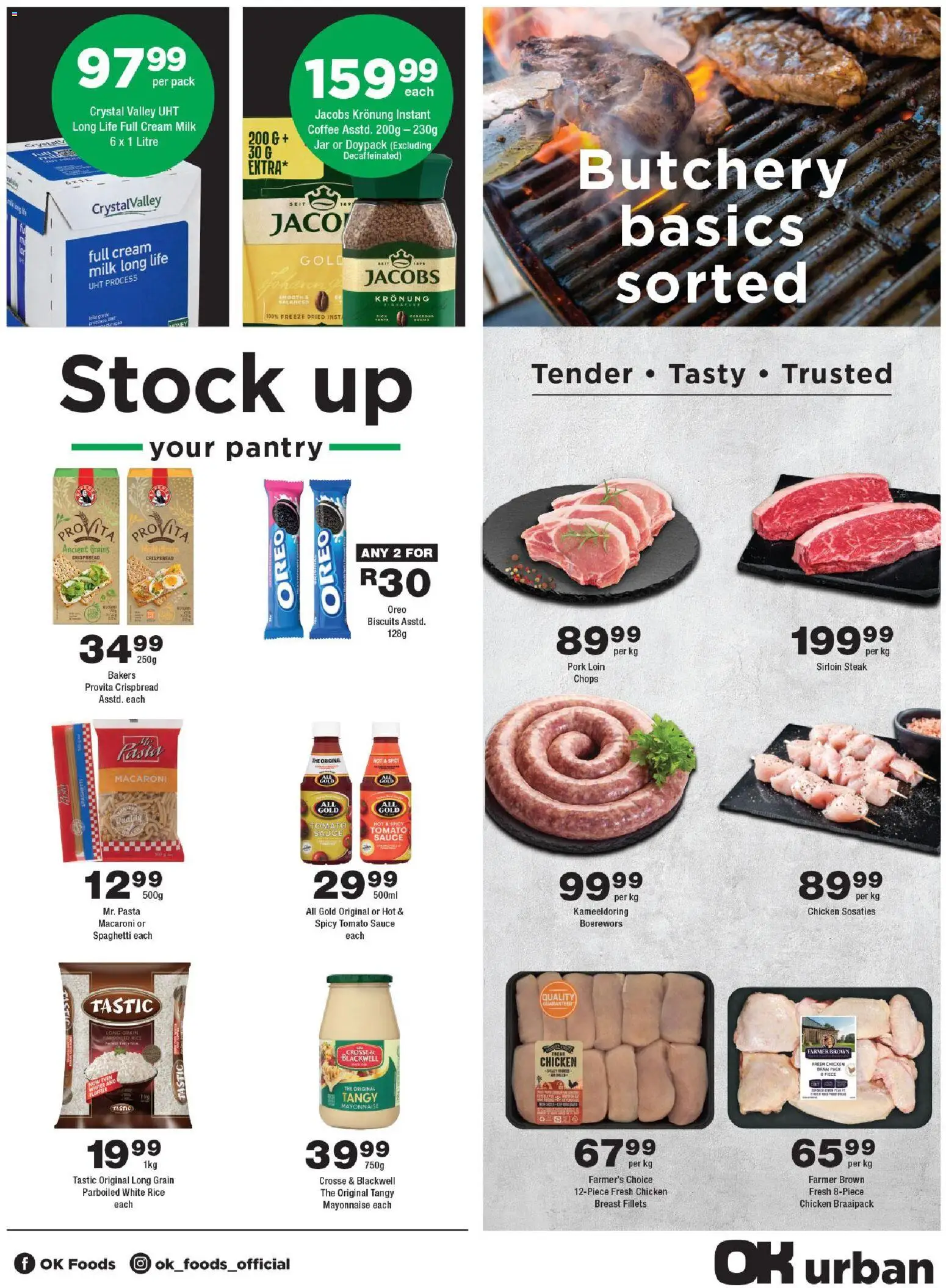 New OK Foods catalogue – valid from 24/06/2026 | Page: 3 | Products: Steak, Biscuits, Coffee, Tomato sauce