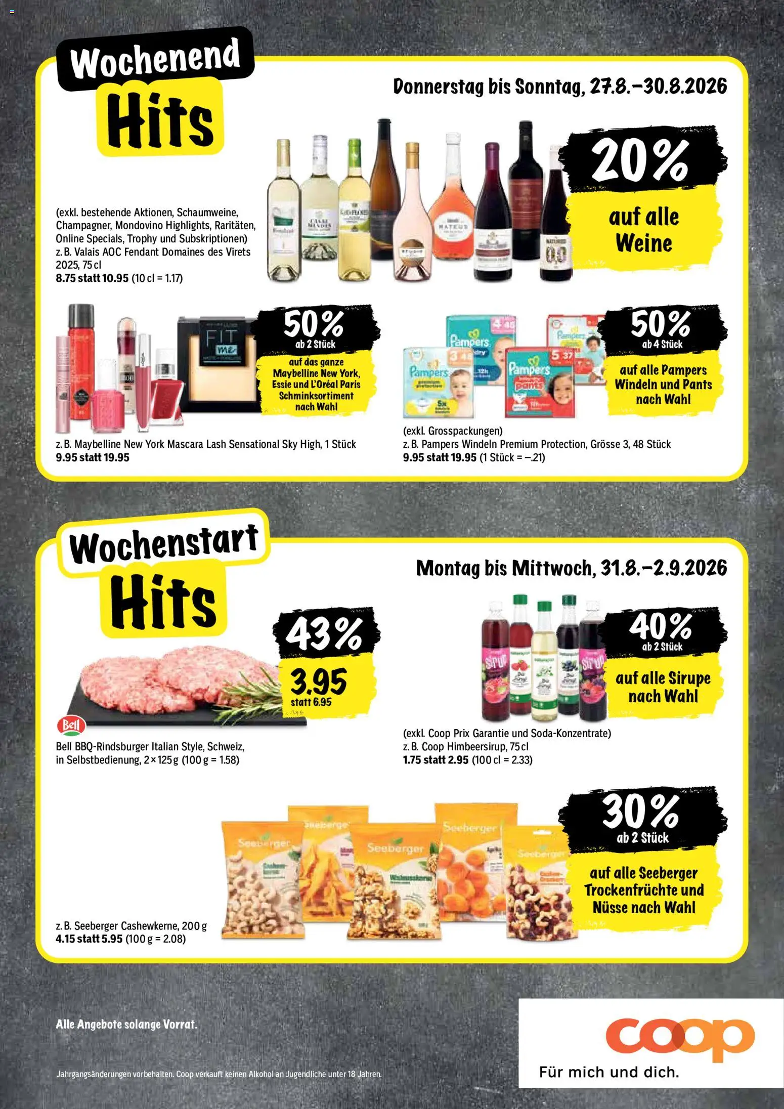 Coop aktionen – gültig ab 27.08.2026 | Seite: 20 | Produkte: Burger, Nüsse, Pampers, Mascara