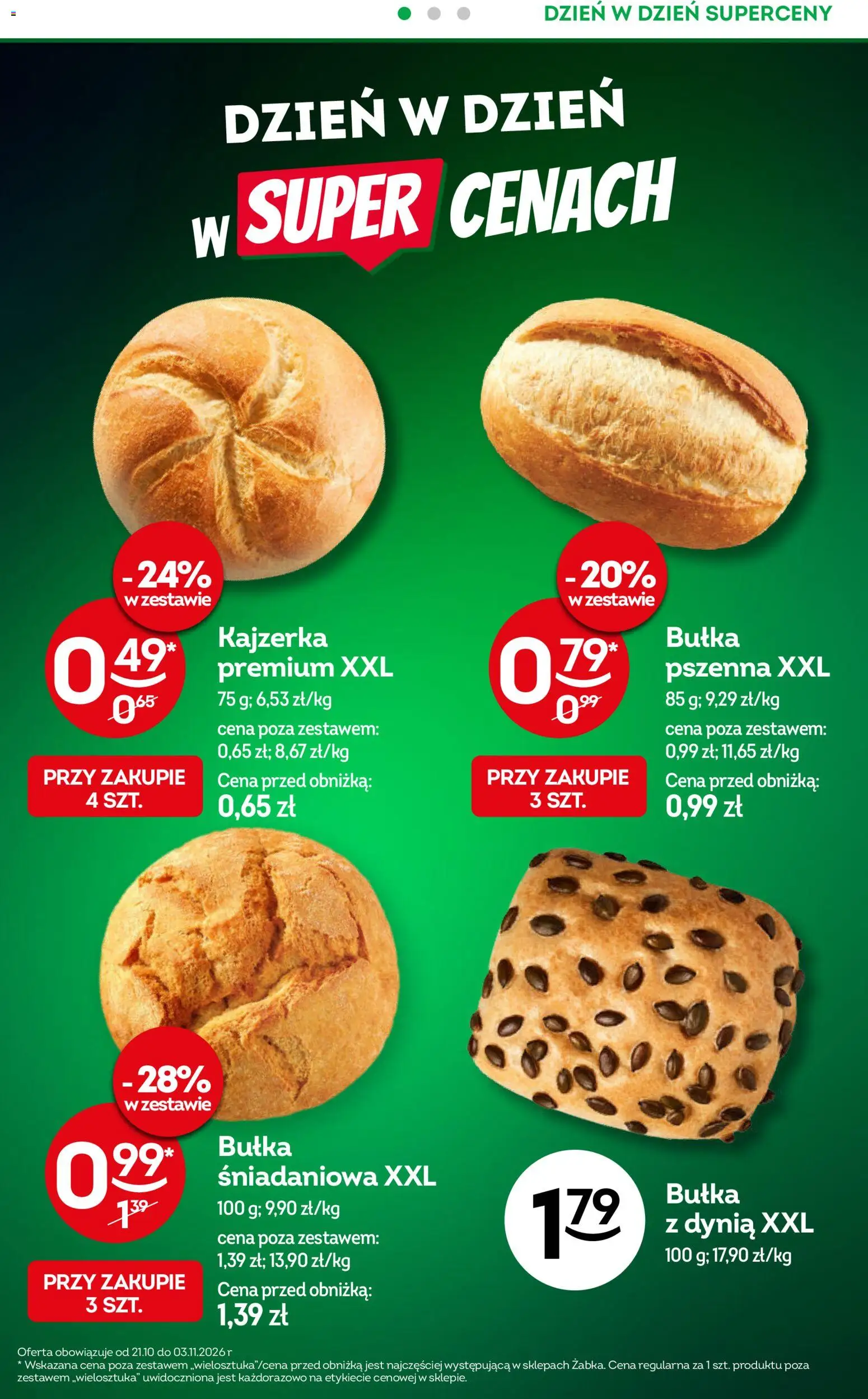 Żabka gazetka - Codzienne produkty od 21.10.2026 | Strona: 3 | Produkty: Dynia, Bułka z dynią, Kajzerka, Bułka śniadaniowa