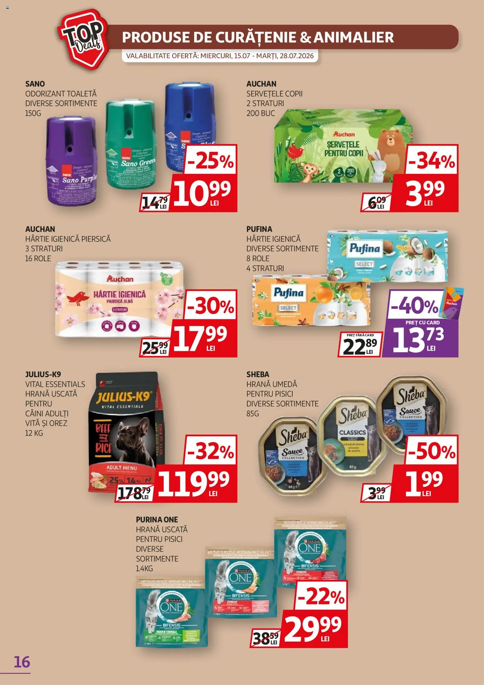 Noul catalog Auchan – valabil de la 15.07.2026 | Pagină: 16 | Produse: Vită, Role, Toaletă, Odorizant toaletă