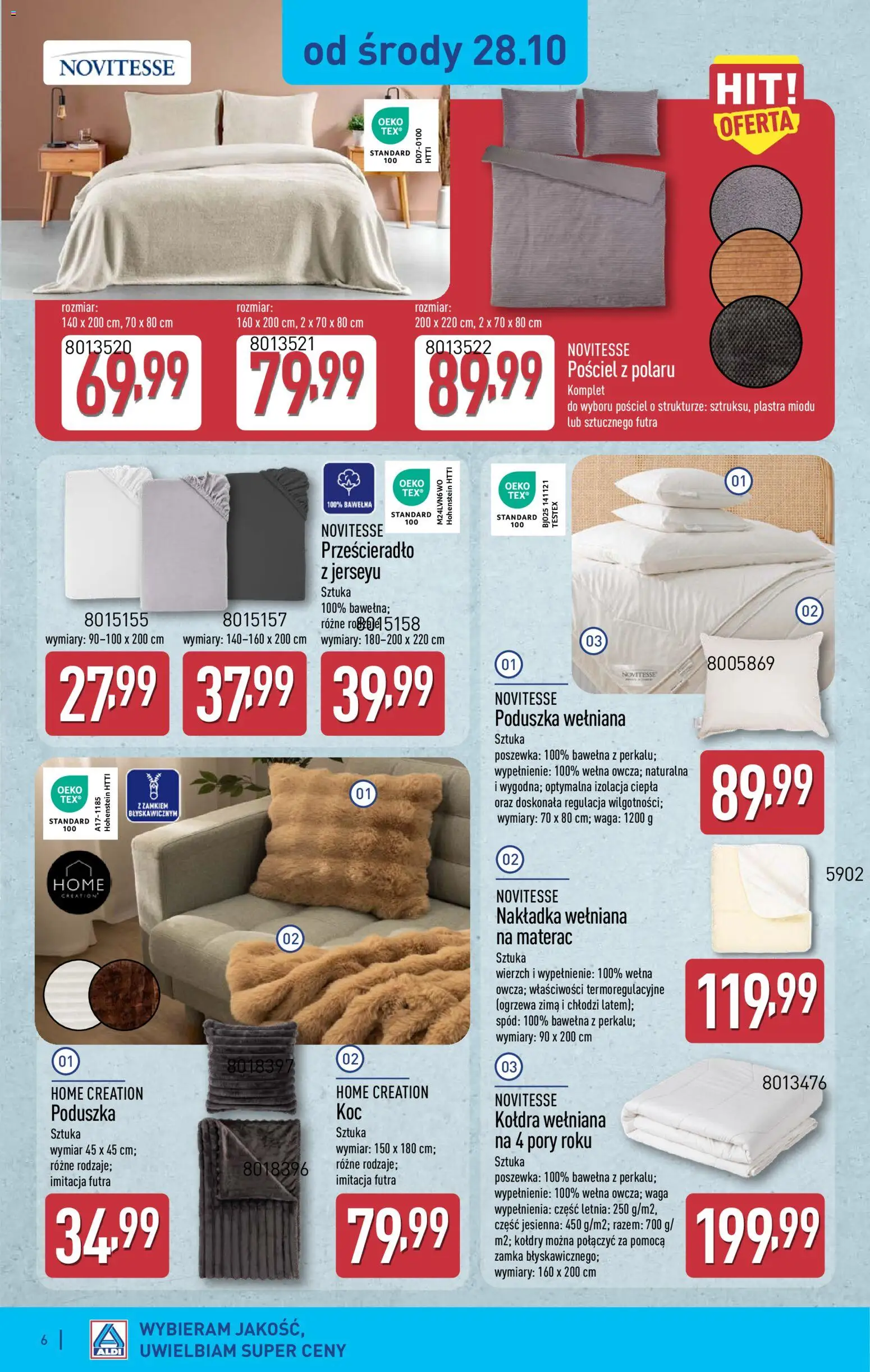 Aldi gazetka - Artykuły przemysłowe i tekstylia od 28.10.2026 | Strona: 6 | Produkty: Materac, Poduszka, Prześcieradło, Kołdra